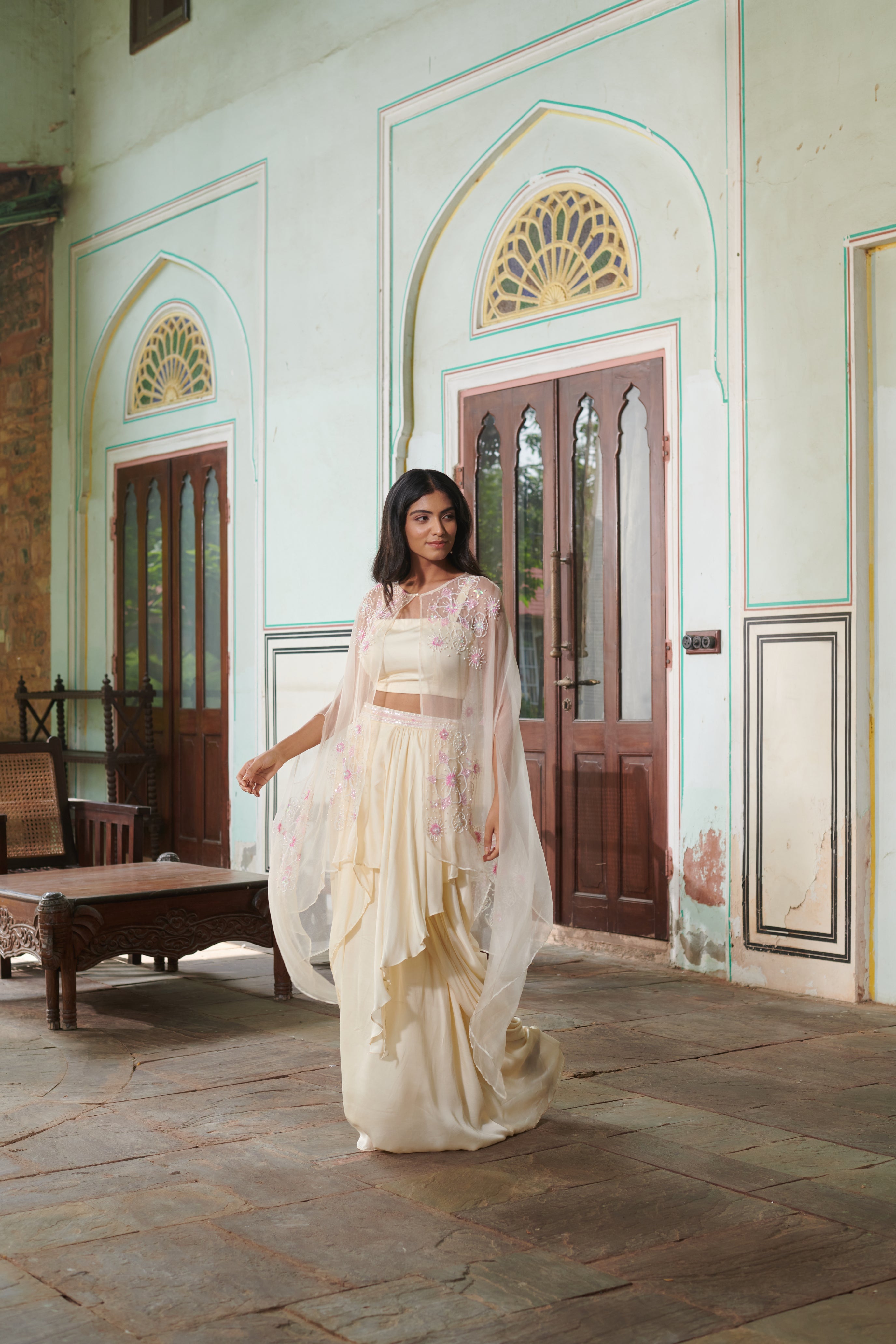 Anvitha (अन्विता) - Embroidered Cape with Blouse and Skirt Set