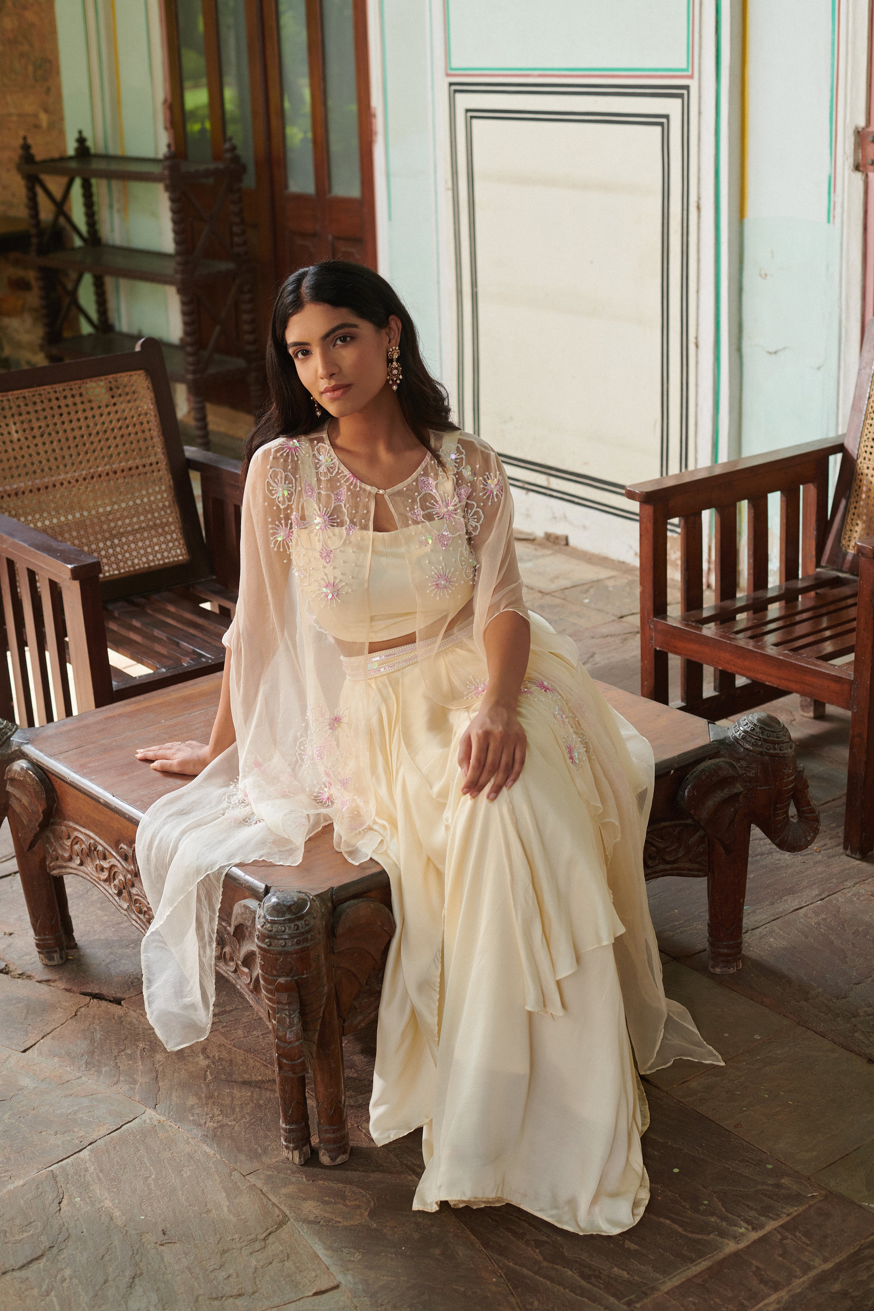 Anvitha (अन्विता) - Embroidered Cape with Blouse and Skirt Set