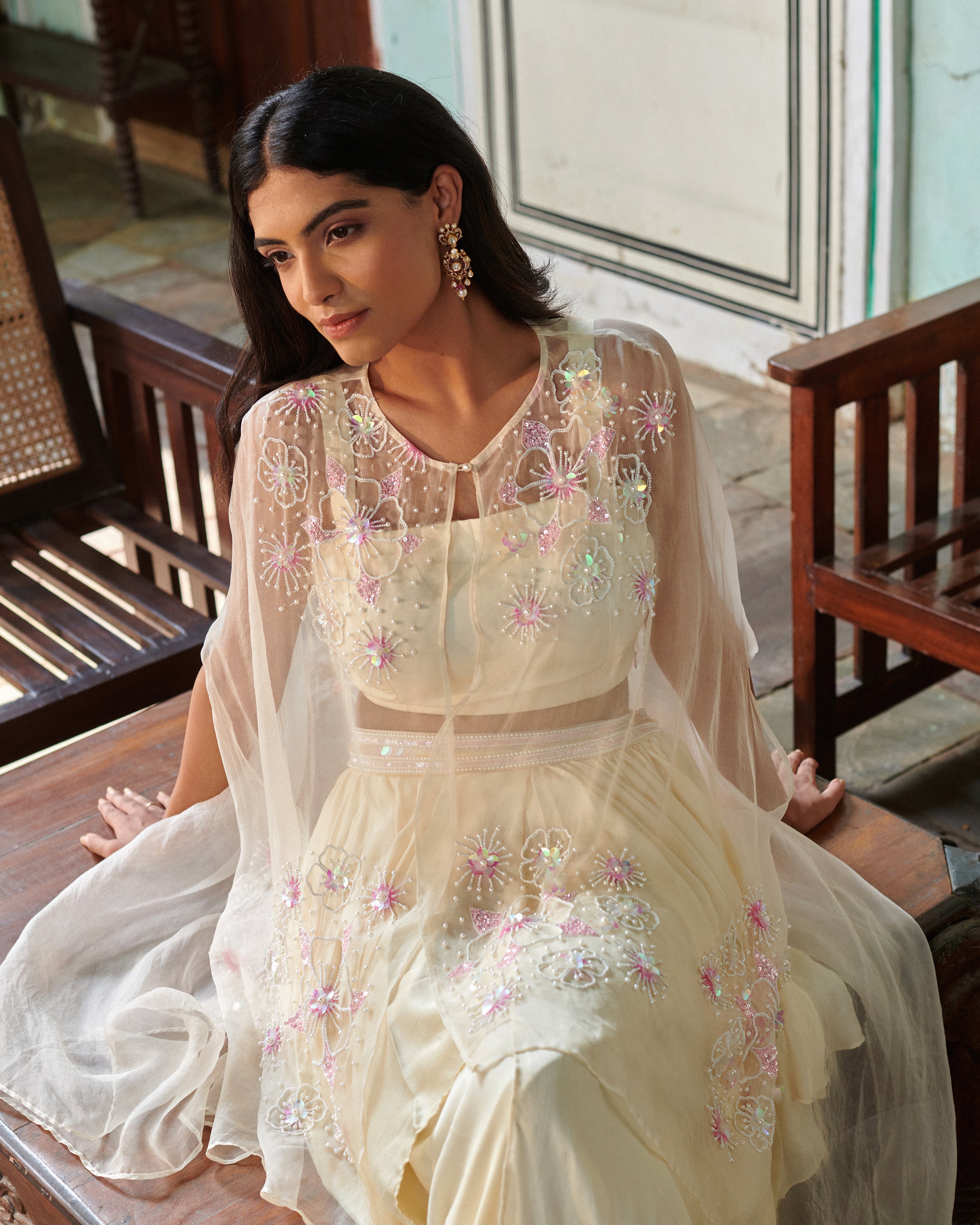 Anvitha (अन्विता) - Embroidered Cape with Blouse and Skirt Set