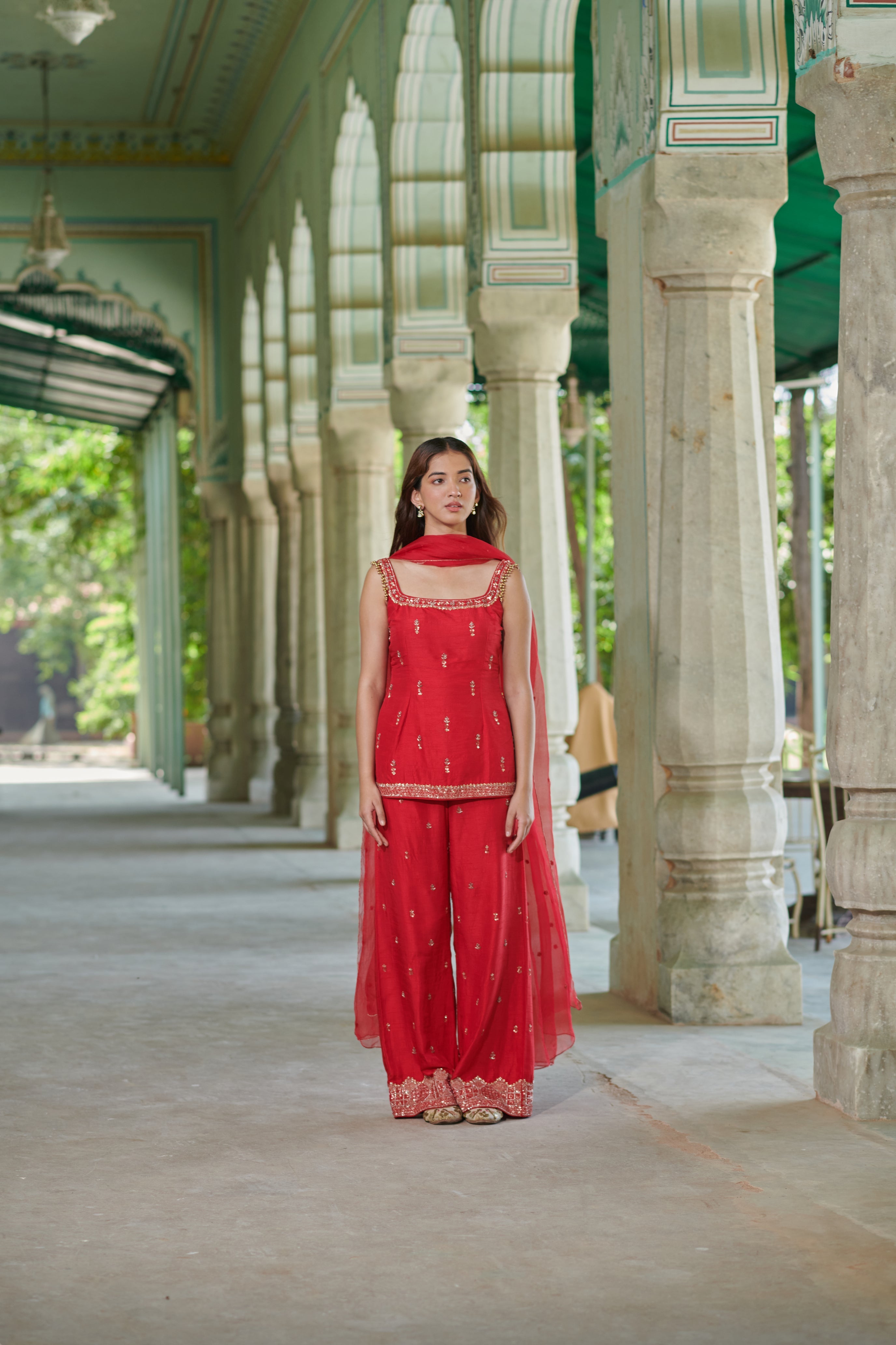 Sohini (सोहिनी) - Red Embroidered Kurta with Pants Set
