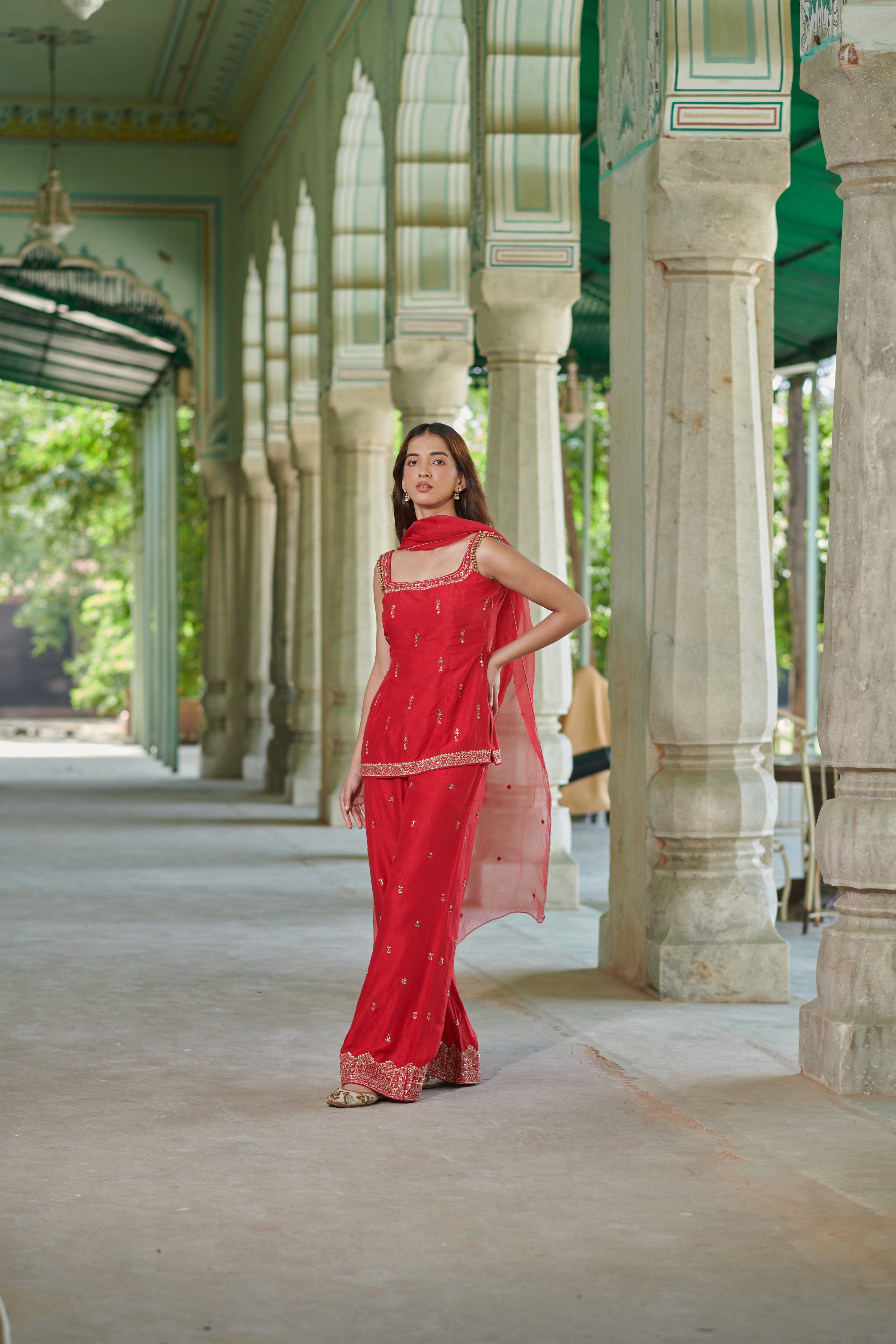 Sohini (सोहिनी) - Red Embroidered Kurta with Pants Set