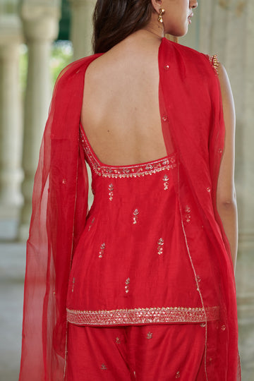 Sohini (सोहिनी) - Red Embroidered Kurta with Pants Set