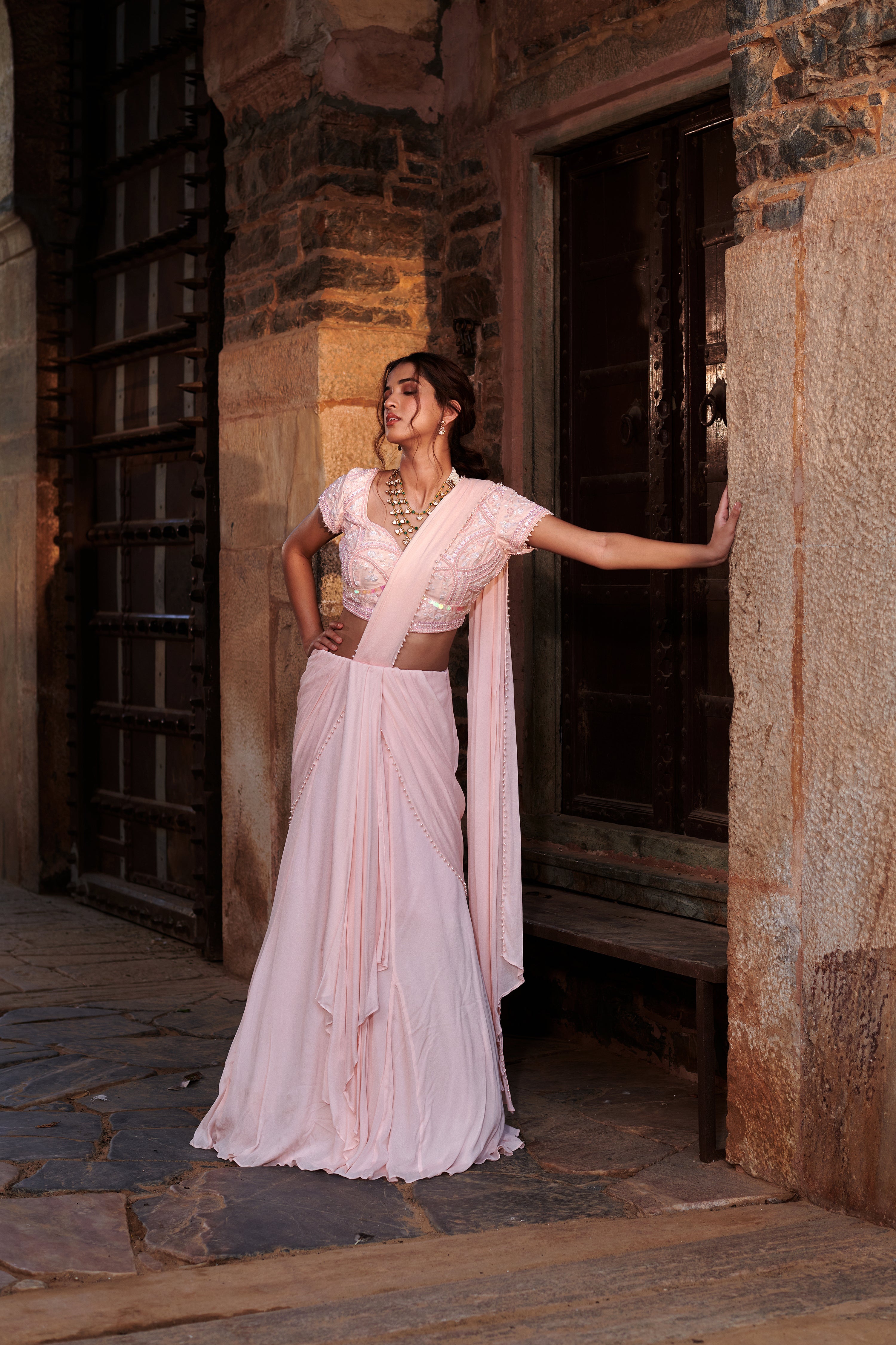 Ananda Laharī (आनन्द लहरी) - Pink Drape Lehenga Set
