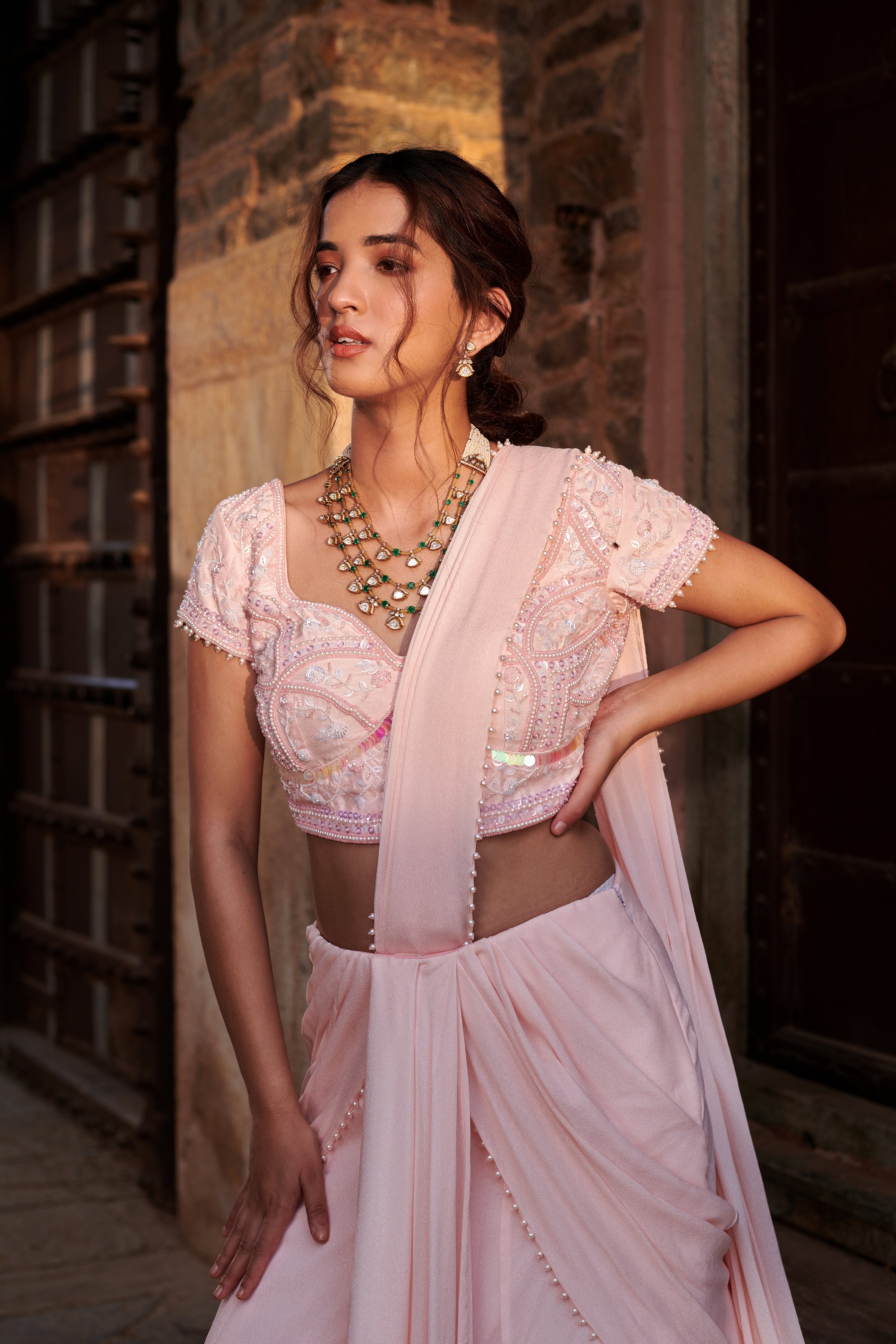 Ananda Laharī (आनन्द लहरी) - Pink Drape Lehenga Set