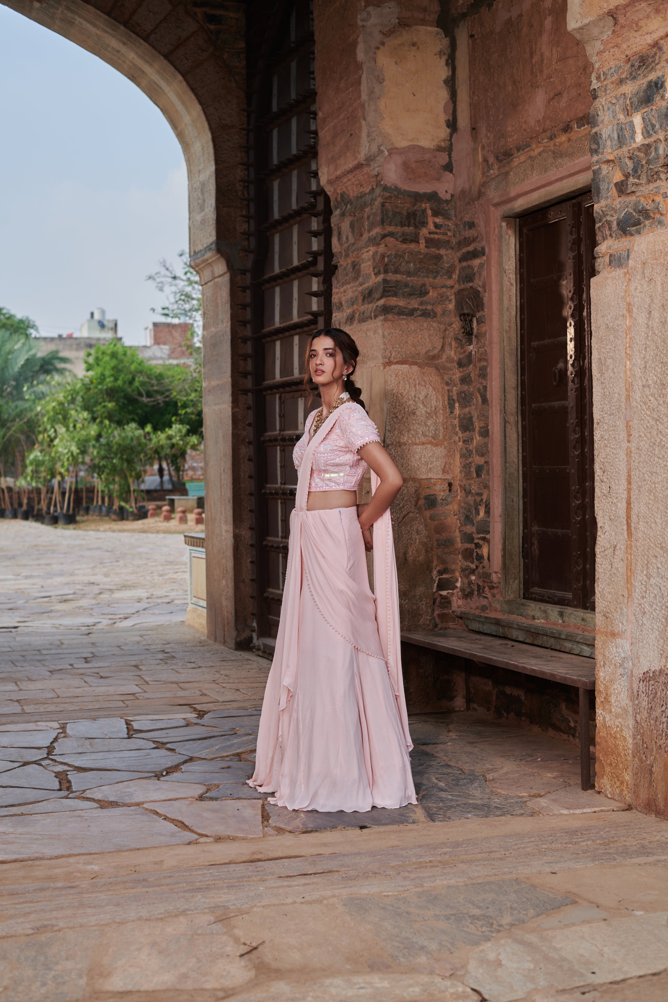 Ananda Laharī (आनन्द लहरी) - Pink Drape Lehenga Set