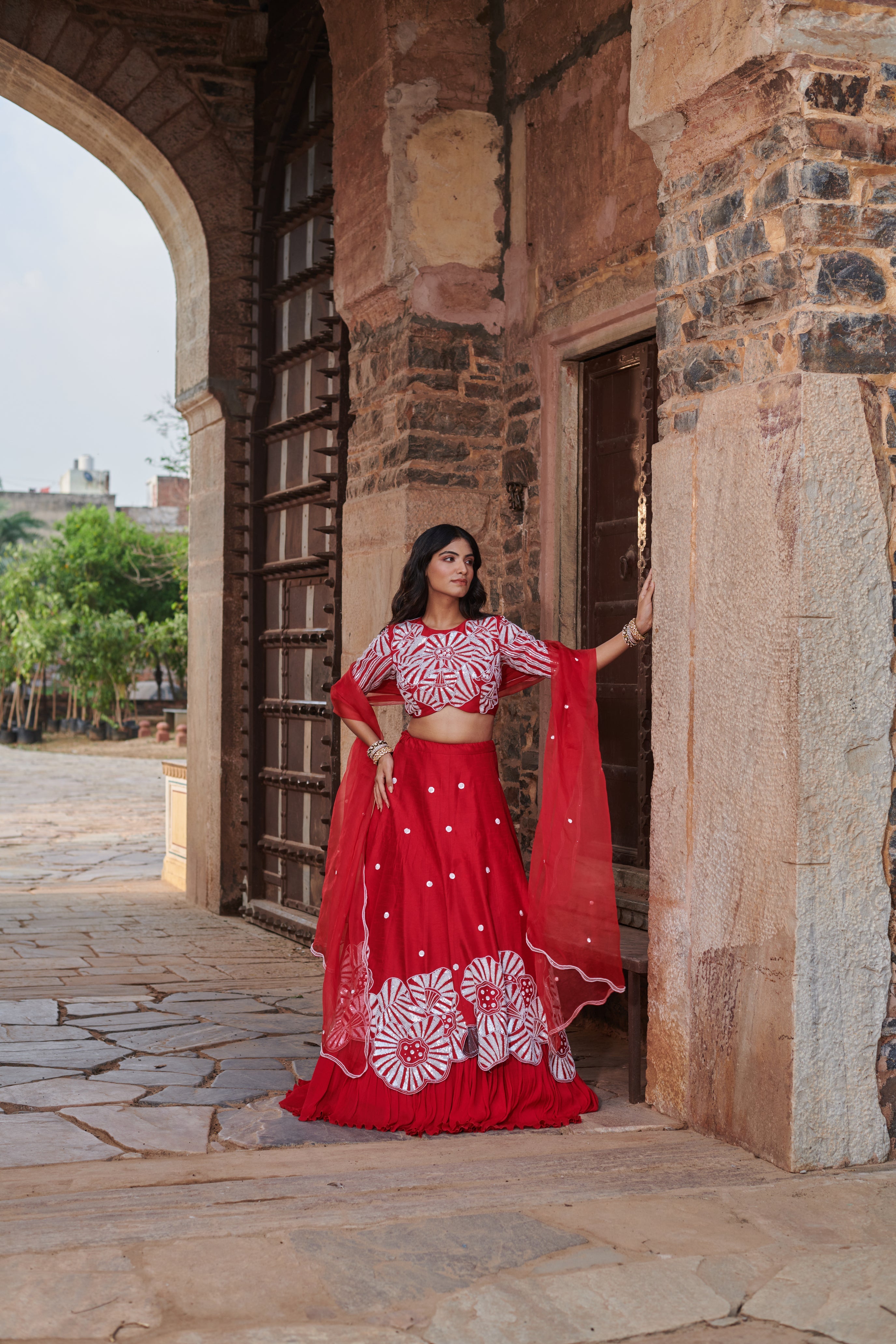 Rudrākṣī (रुद्राक्षी) - Red Embroidered Lehenga Set
