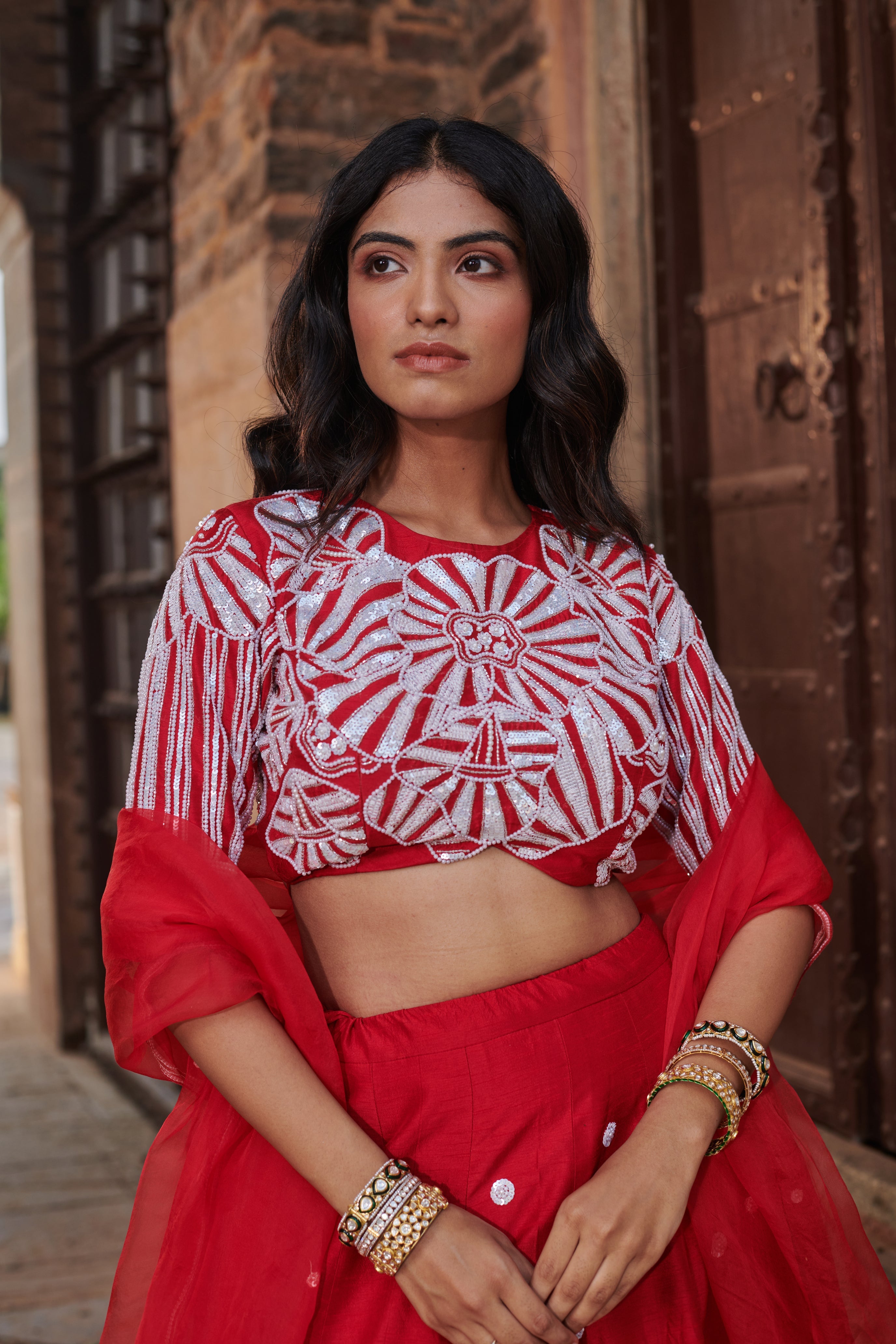 Rudrākṣī (रुद्राक्षी) - Red Embroidered Lehenga Set