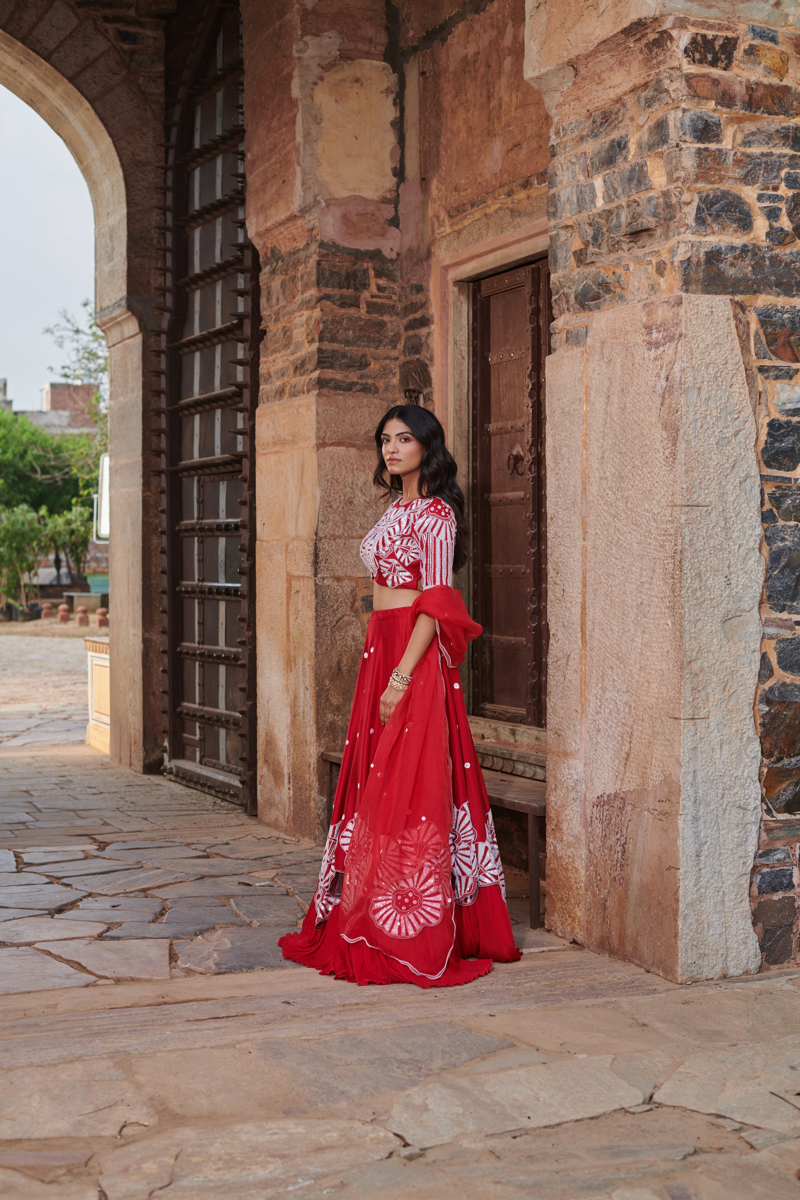Rudrākṣī (रुद्राक्षी) - Red Embroidered Lehenga Set