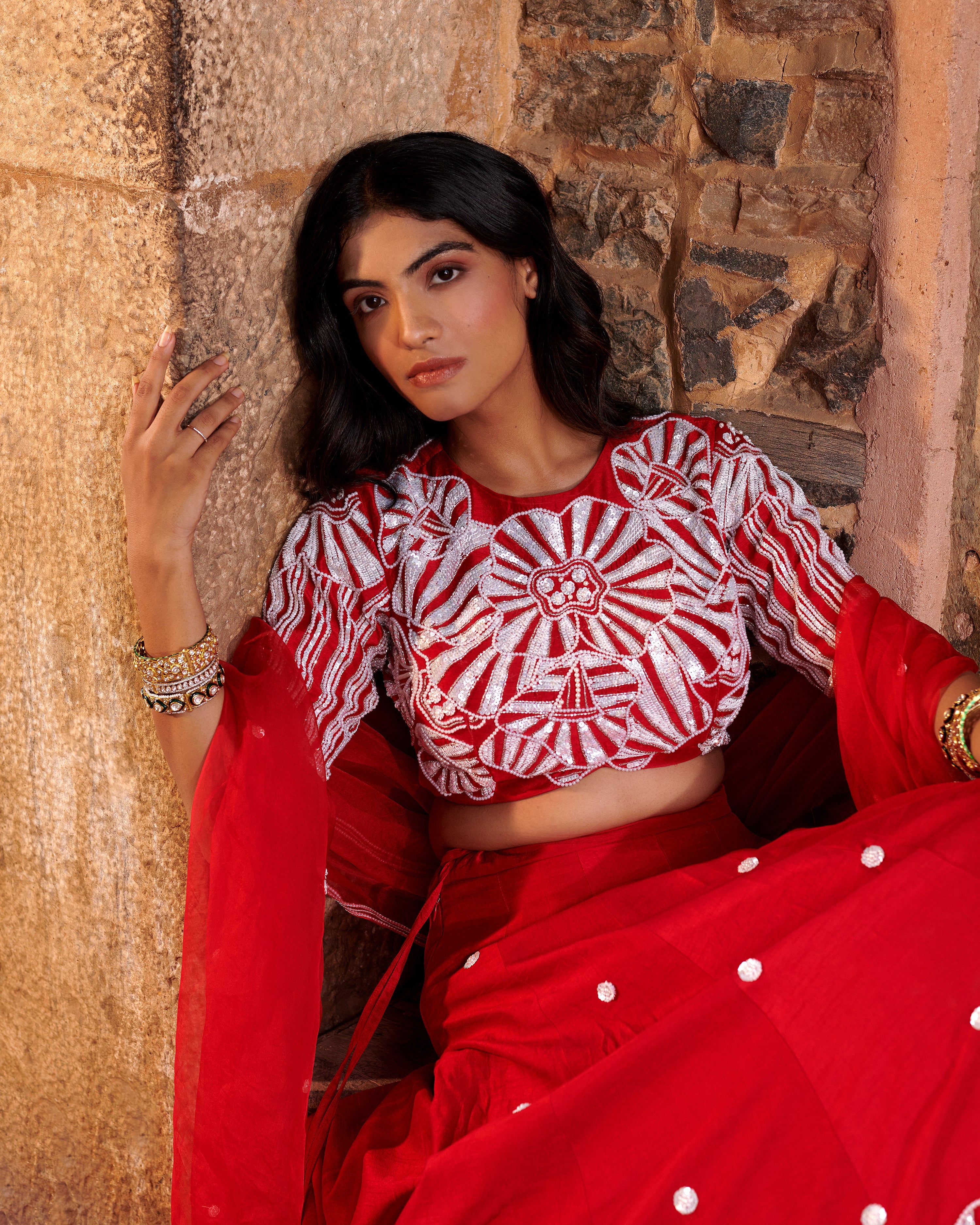 Rudrākṣī (रुद्राक्षी) - Red Embroidered Lehenga Set