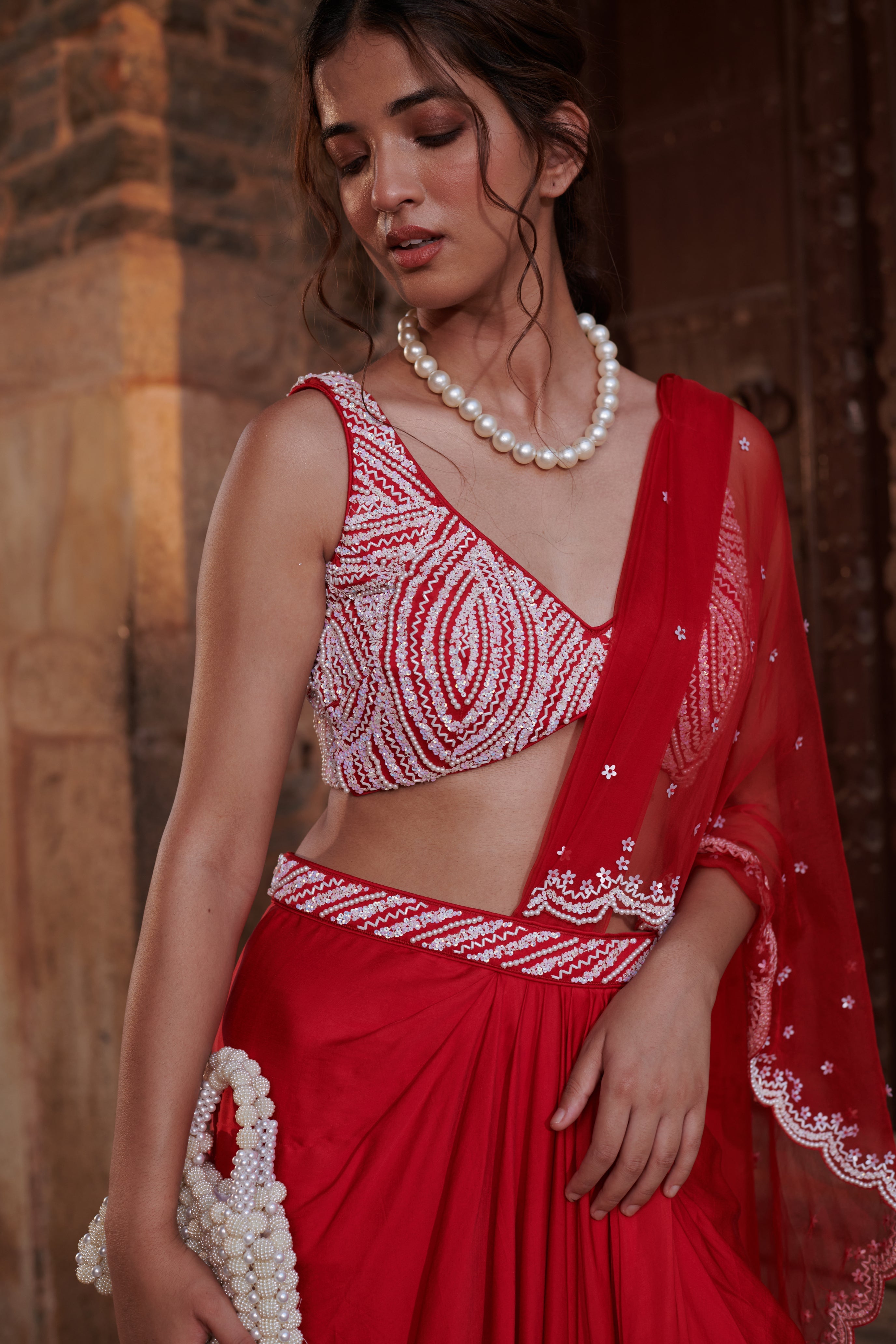 Sindūrā (सिन्दूरा)- Embroidered Blouse with Drape Skirt Set
