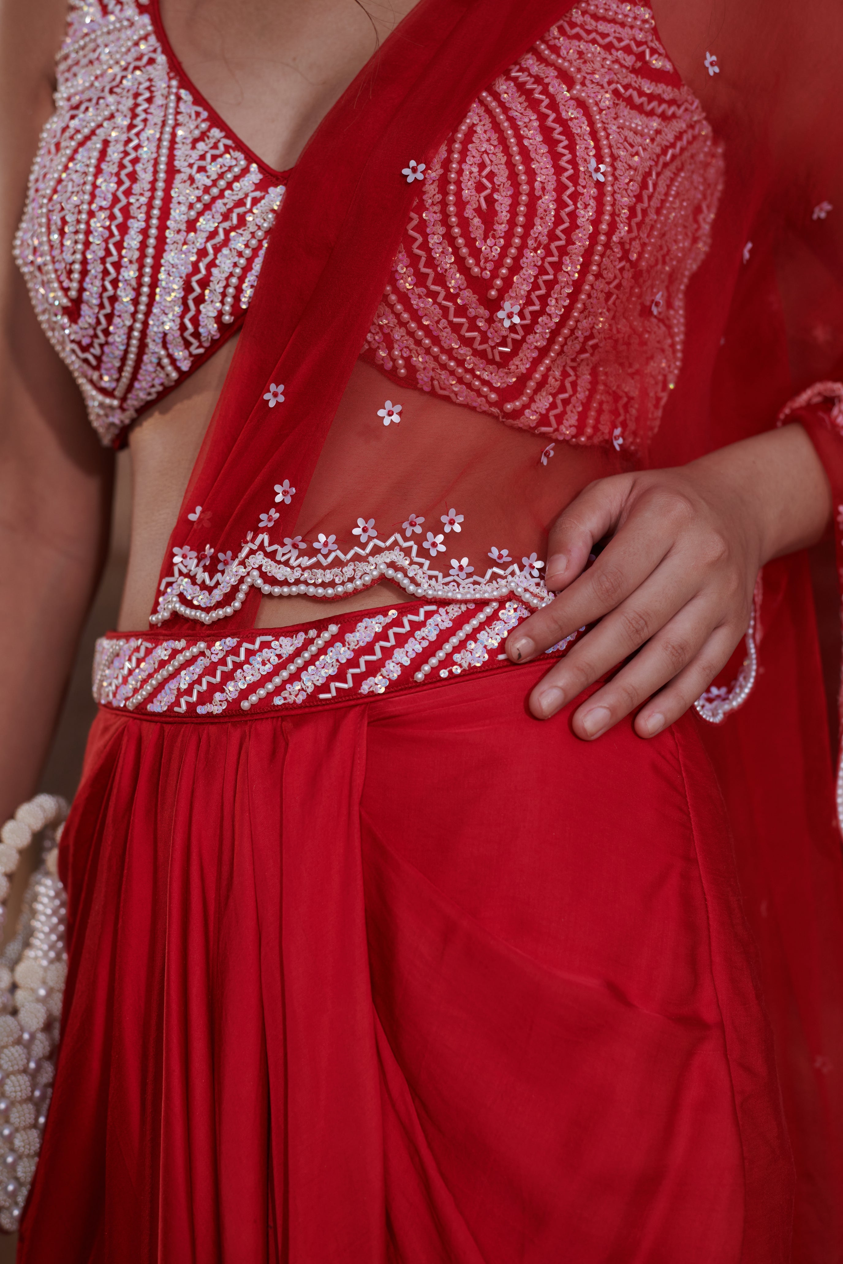 Sindūrā (सिन्दूरा)- Embroidered Blouse with Drape Skirt Set