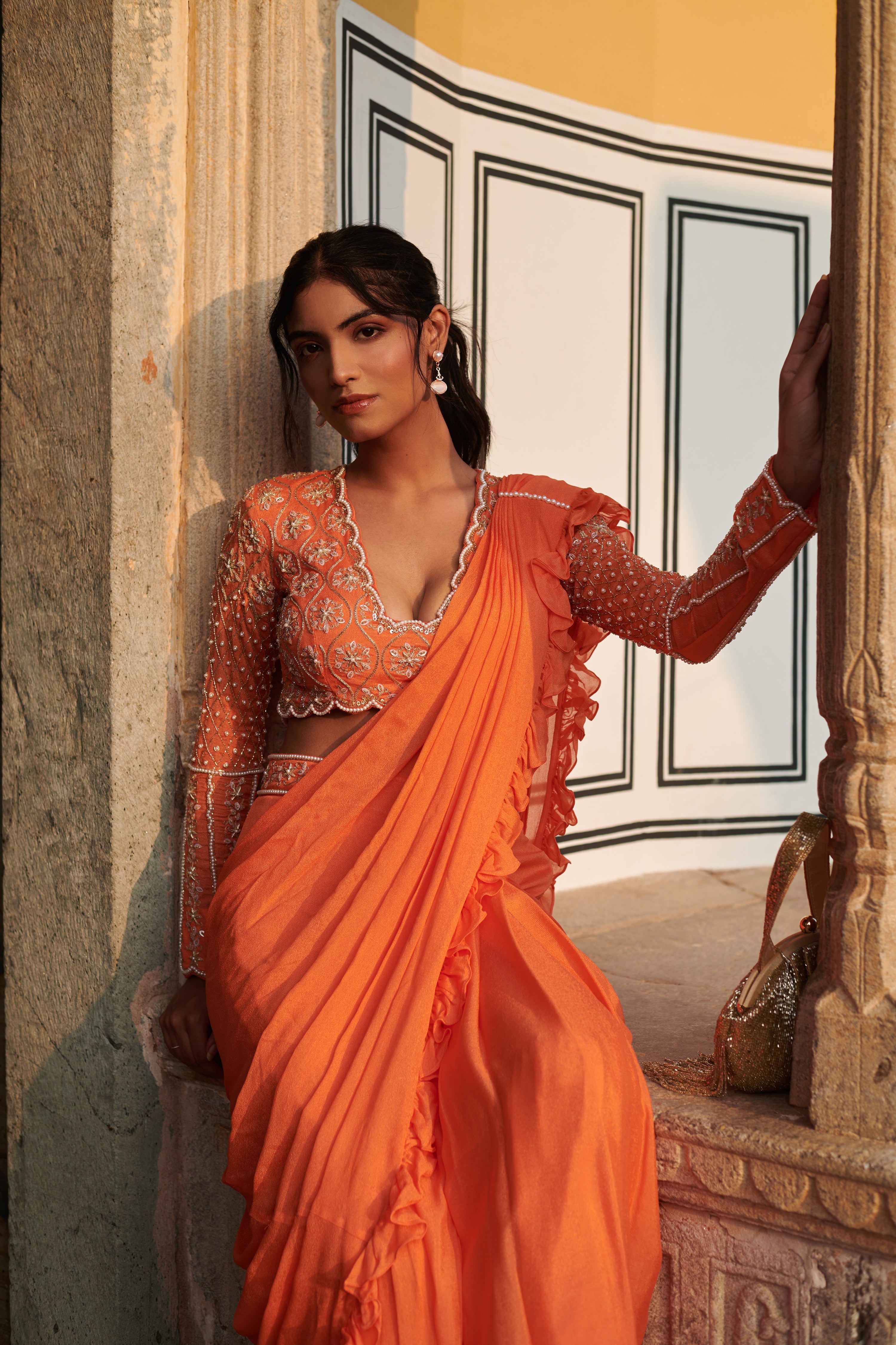 Agnirūpā (अग्निरूपा) - Orange Drape Saree Set