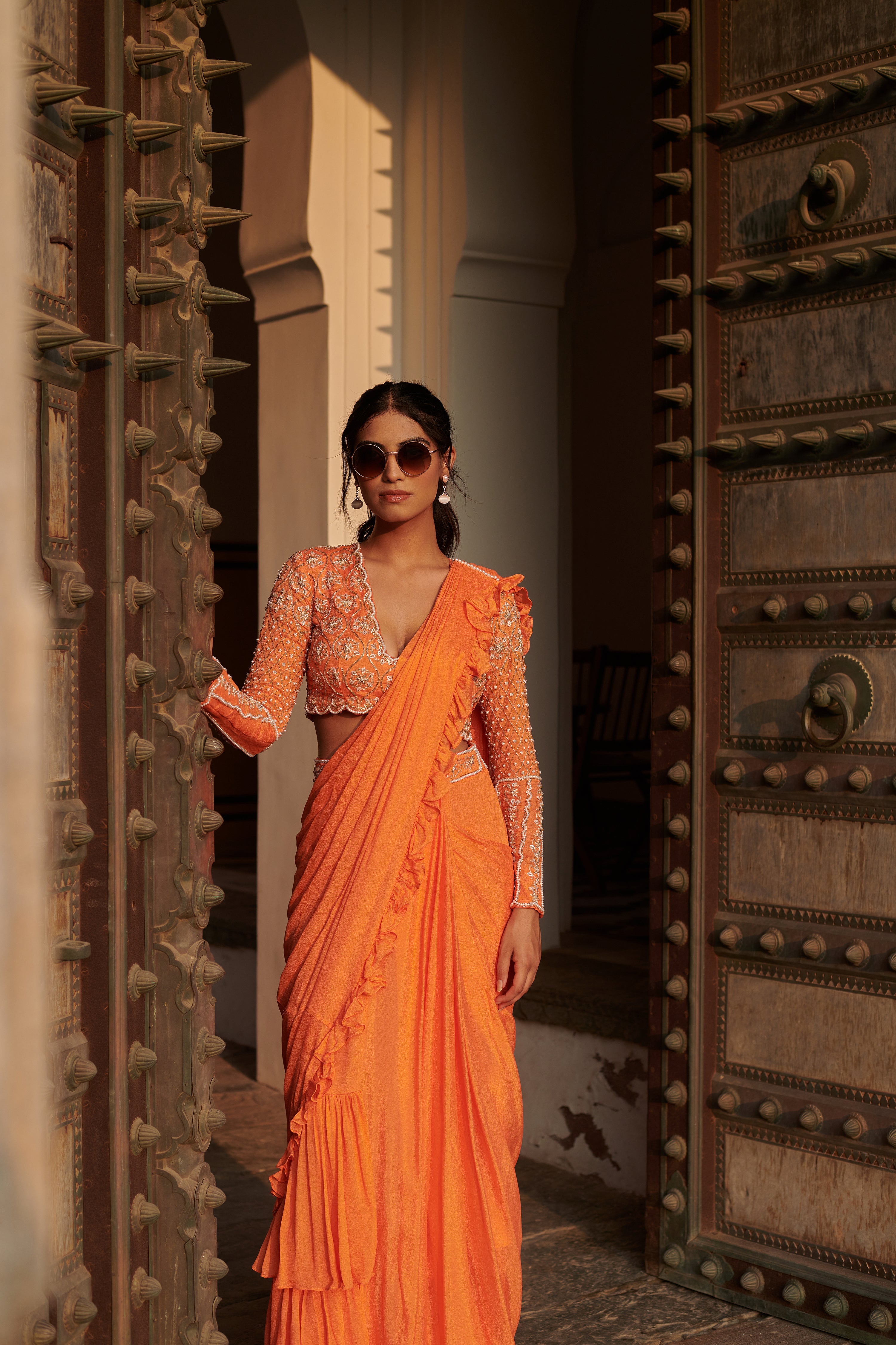 Agnirūpā (अग्निरूपा) - Orange Drape Saree Set