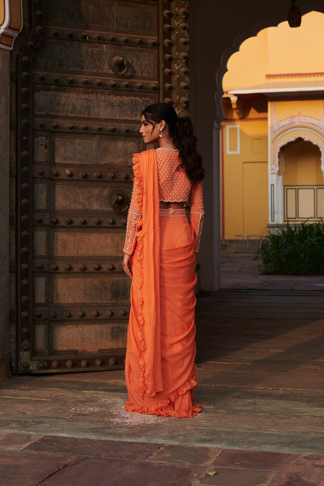 Agnirūpā (अग्निरूपा) - Orange Drape Saree Set