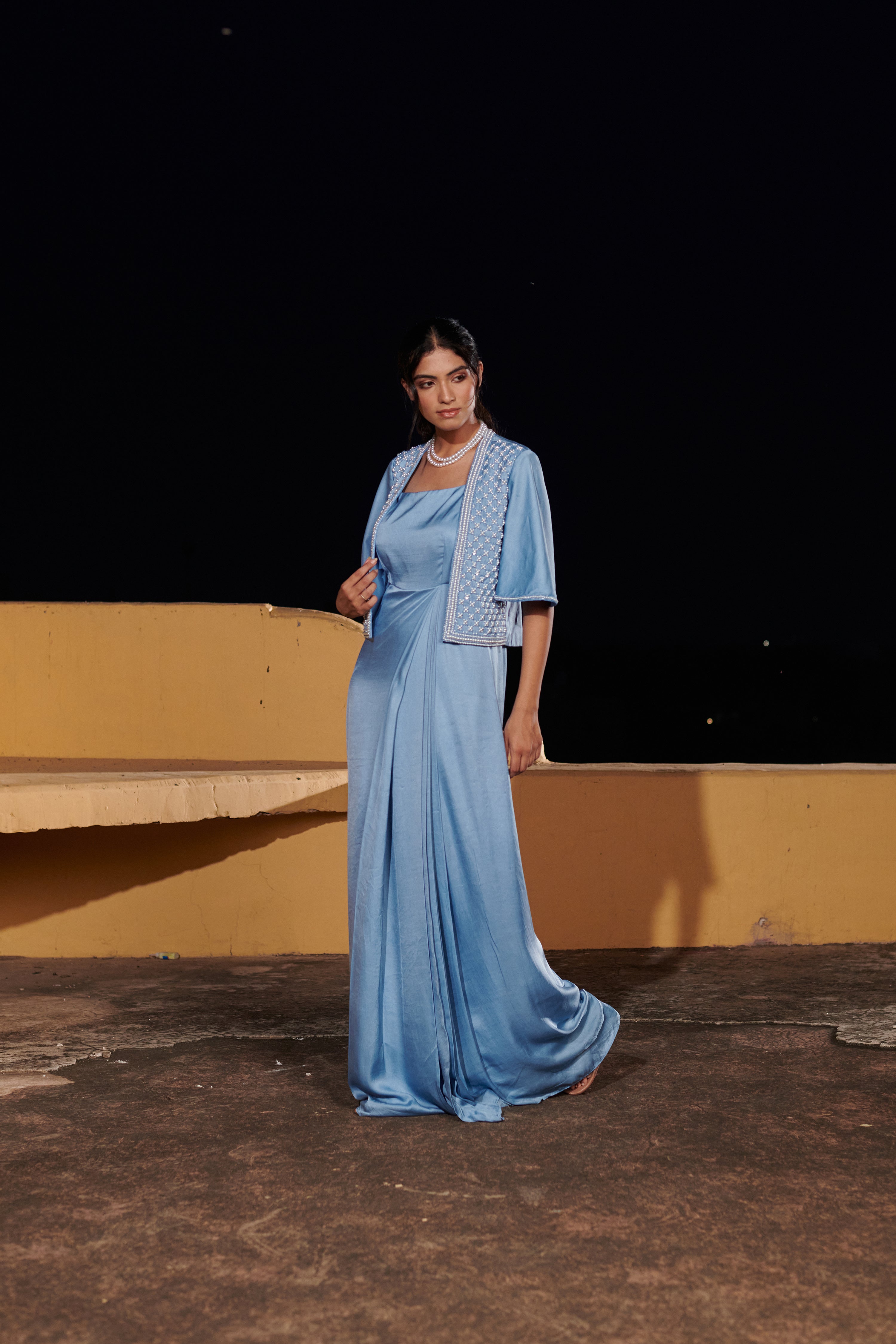 Śaśikalā (शशिकला) - Blue Embroidered Jacket with Drape Dress set