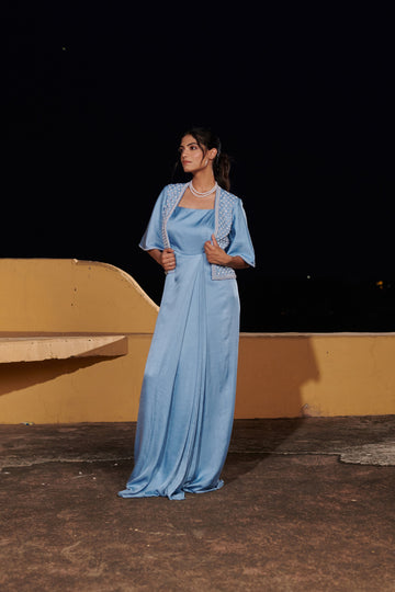 Śaśikalā (शशिकला) - Blue Embroidered Jacket with Drape Dress set