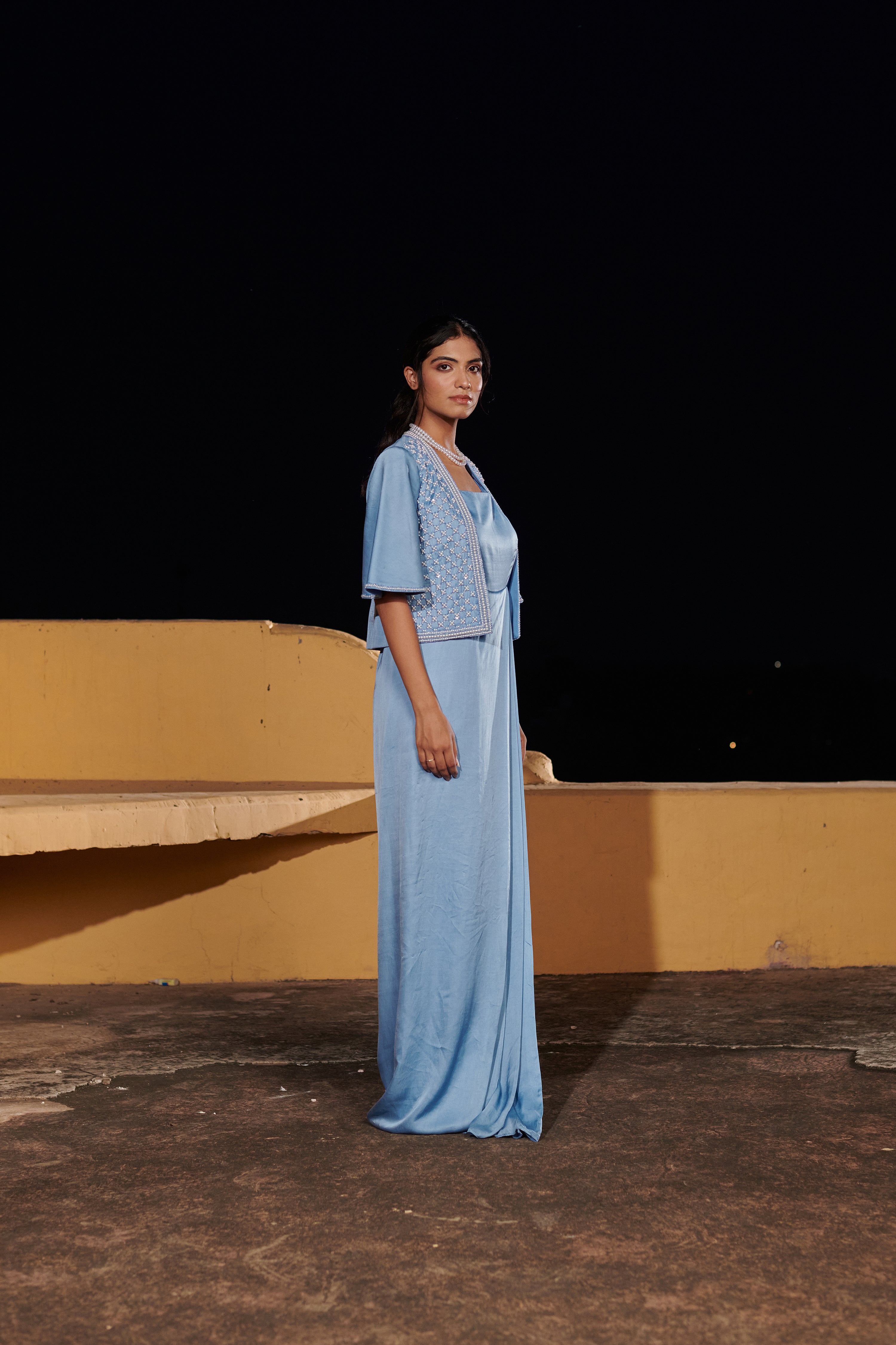 Śaśikalā (शशिकला) - Blue Embroidered Jacket with Drape Dress set