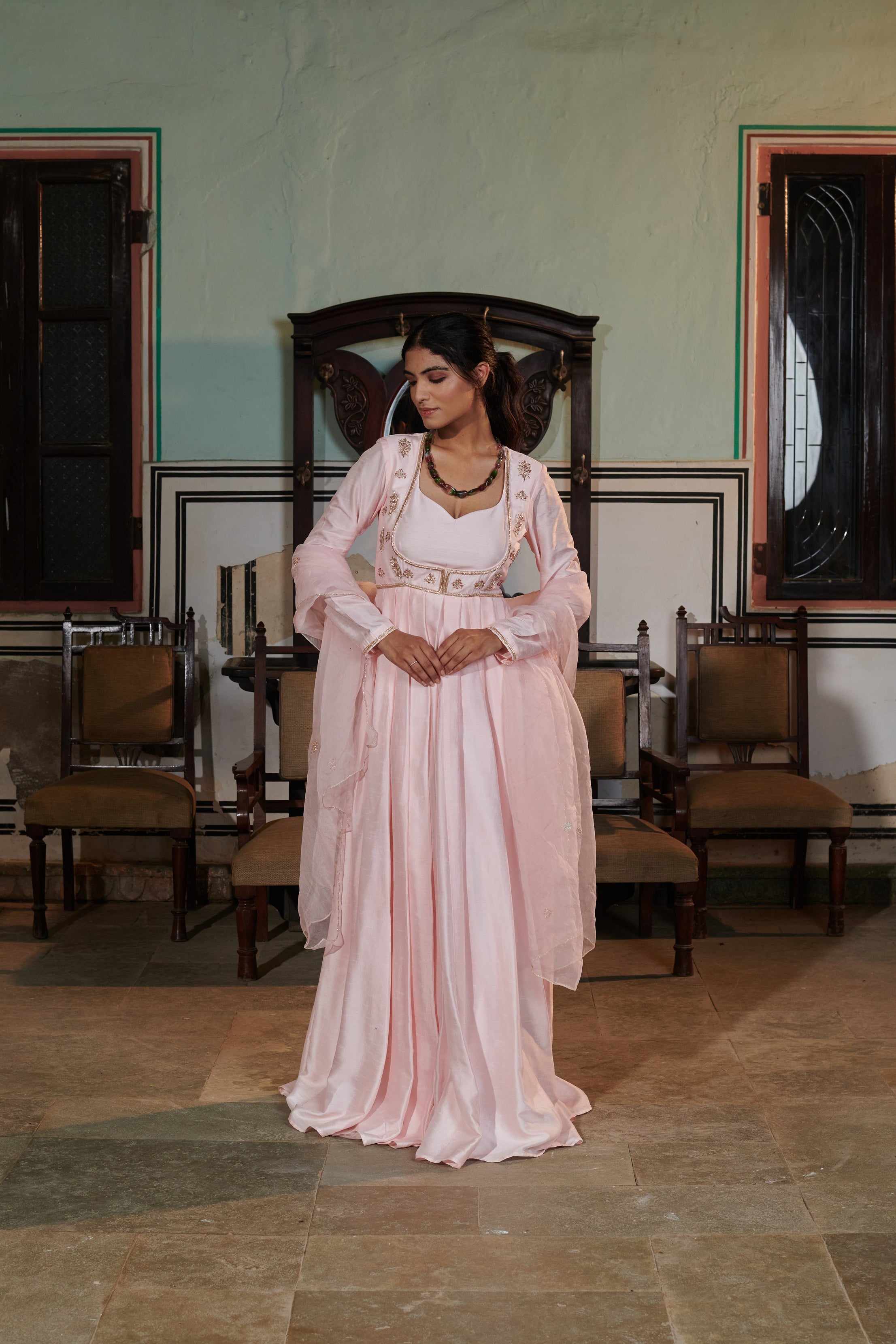 Vasudhā  (वसुधा) - Pink Embroidered Gown Set