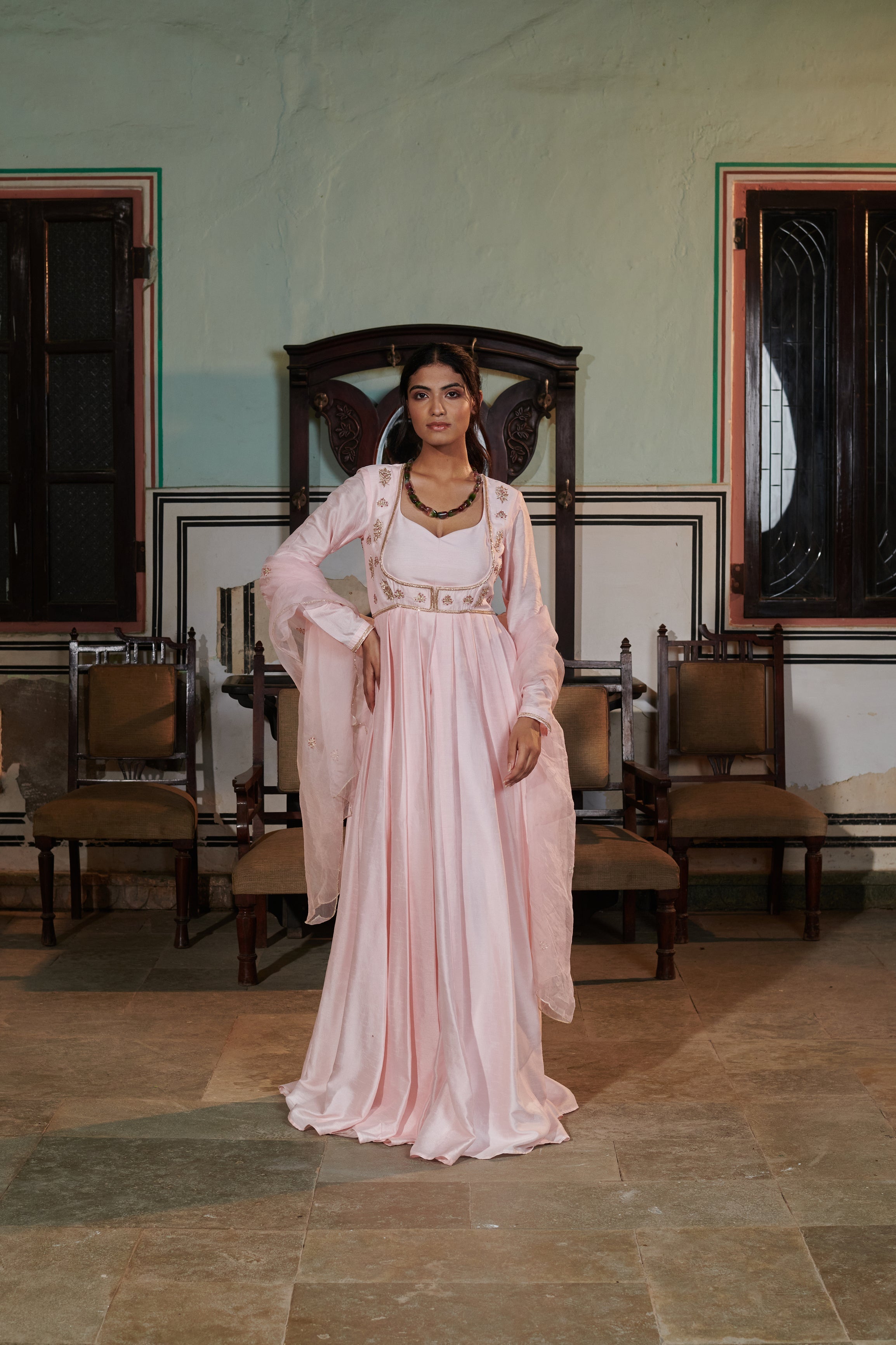 Vasudhā  (वसुधा) - Pink Embroidered Gown Set
