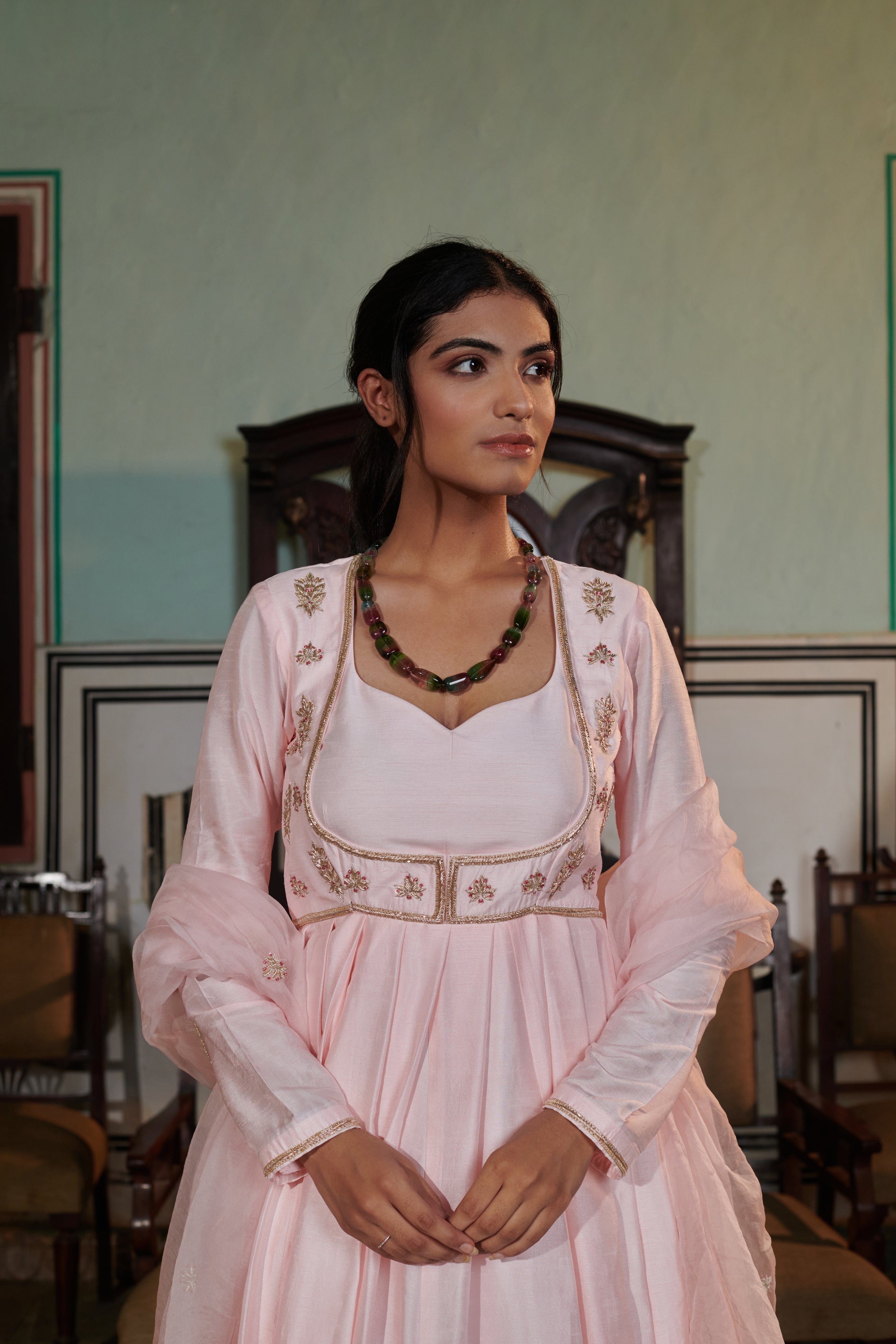 Vasudhā  (वसुधा) - Pink Embroidered Gown Set
