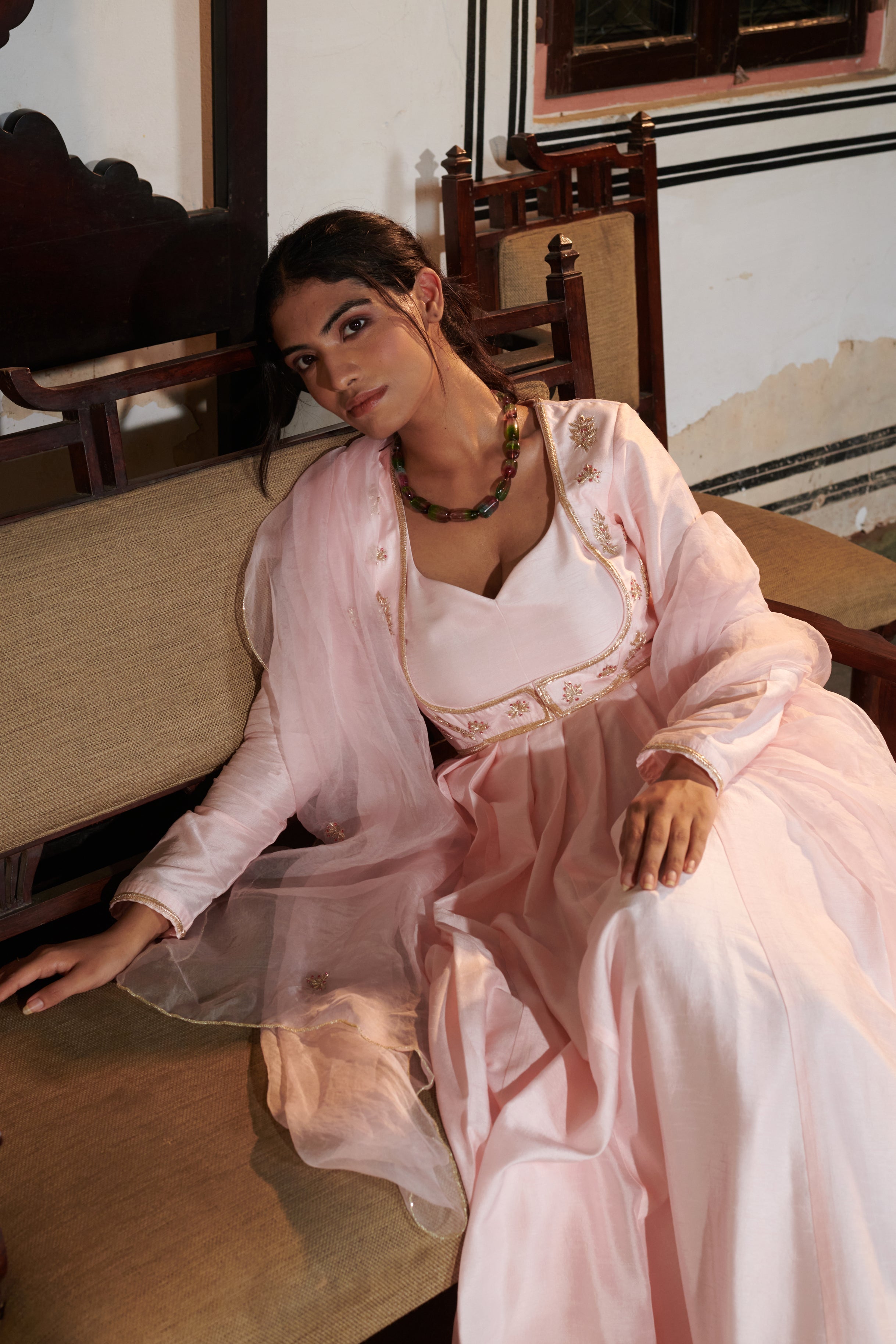 Vasudhā  (वसुधा) - Pink Embroidered Gown Set