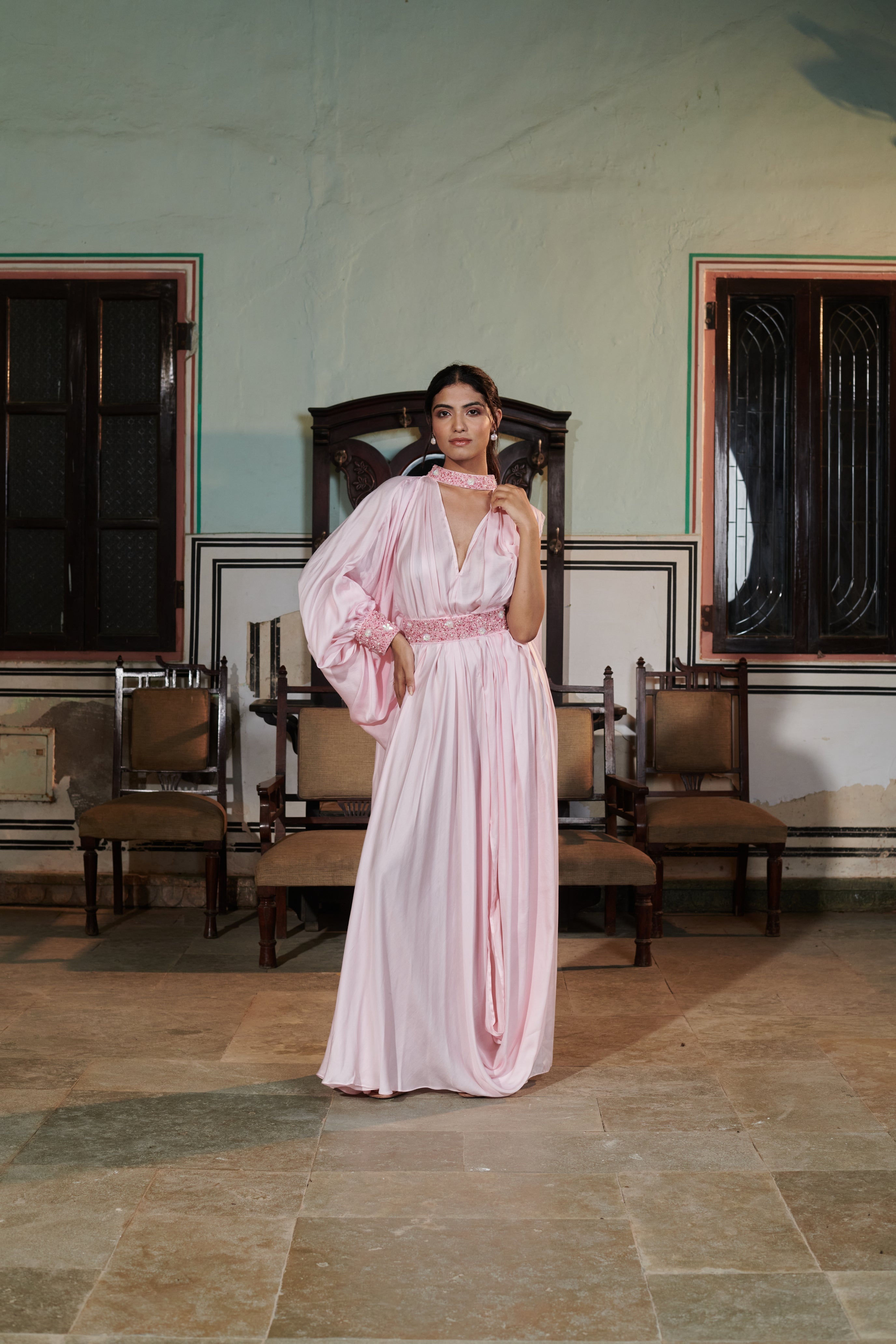 Amogha (अमोघ) - Pink Embroidered Drape Gown