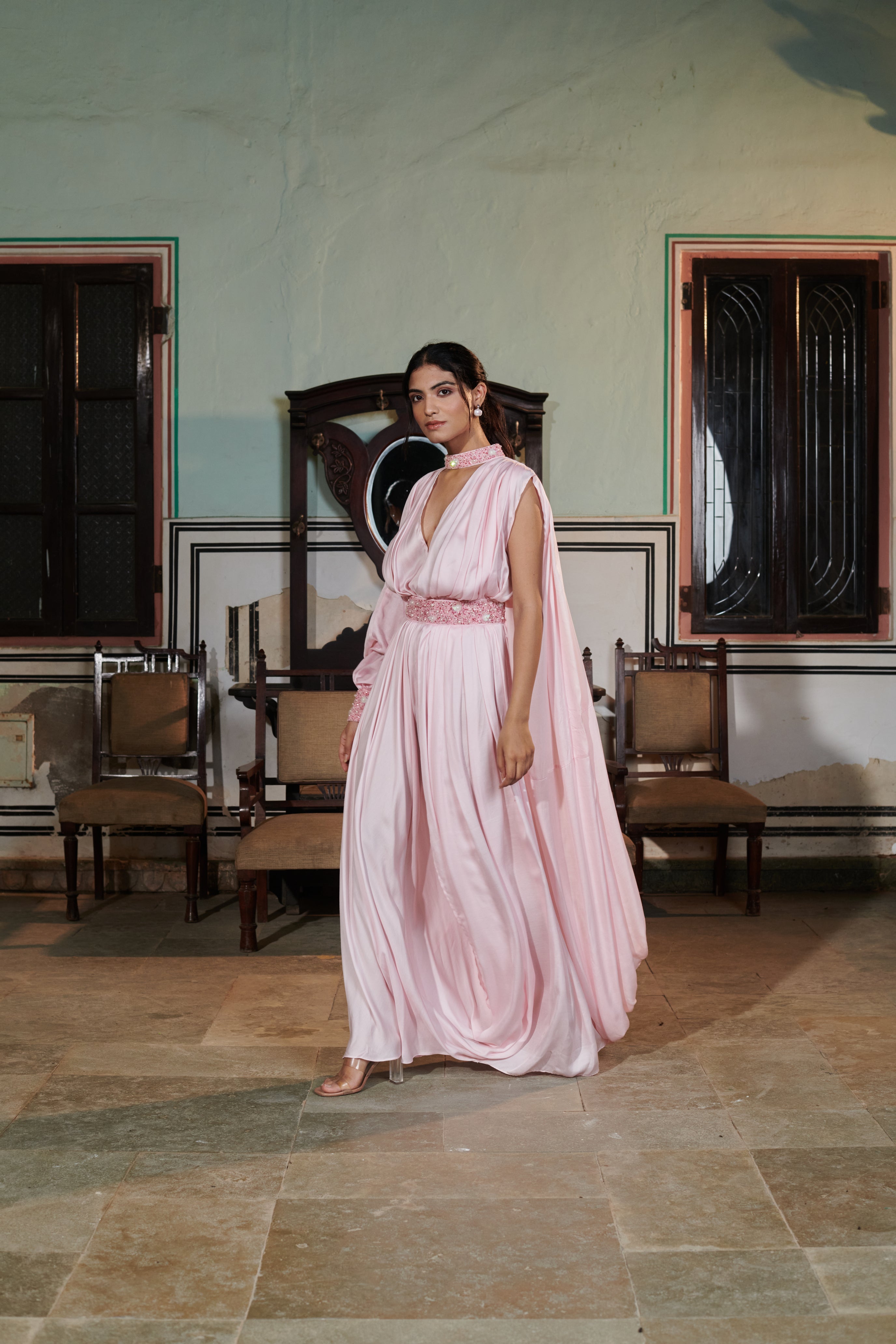 Amogha (अमोघ) - Pink Embroidered Drape Gown
