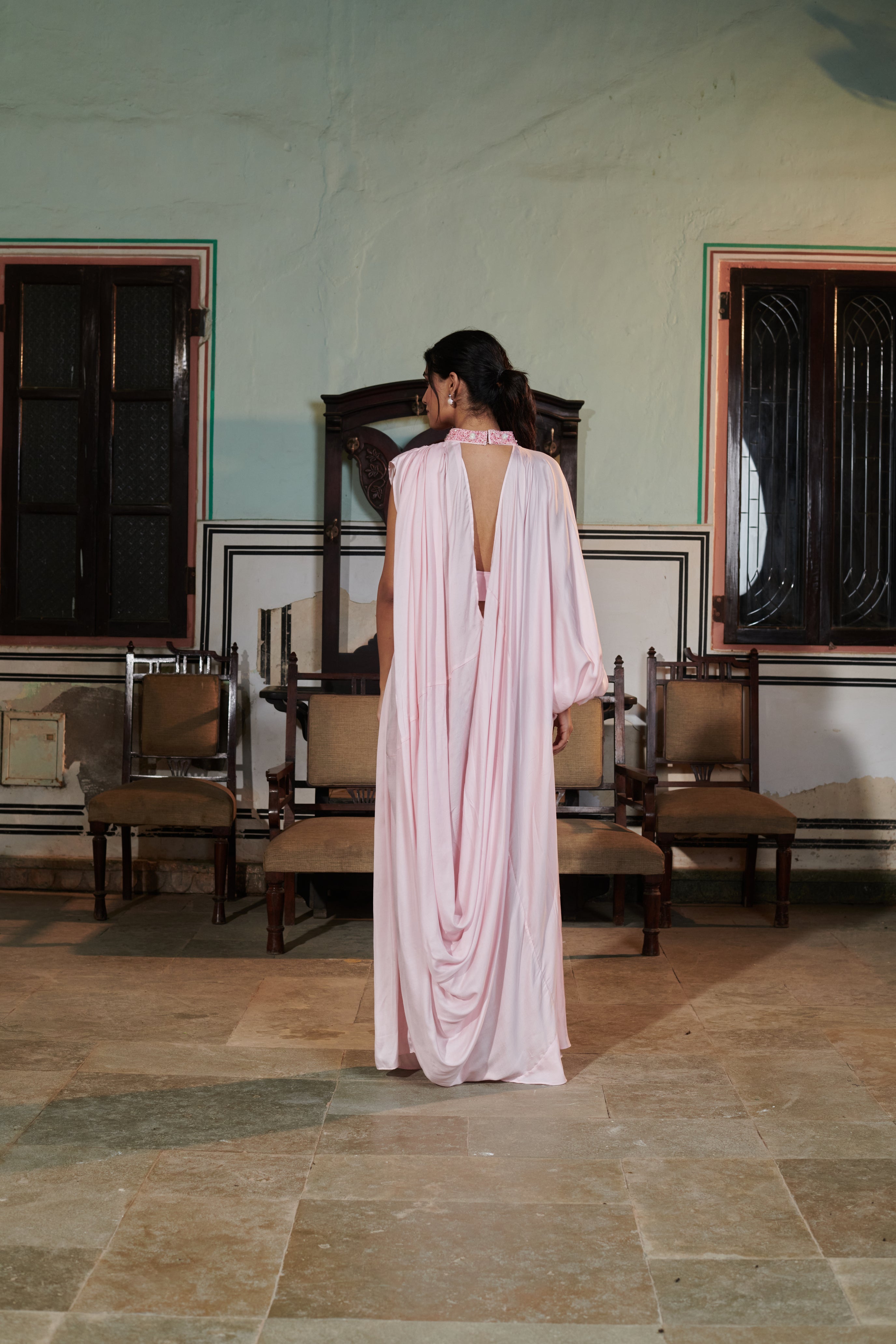 Amogha (अमोघ) - Pink Embroidered Drape Gown