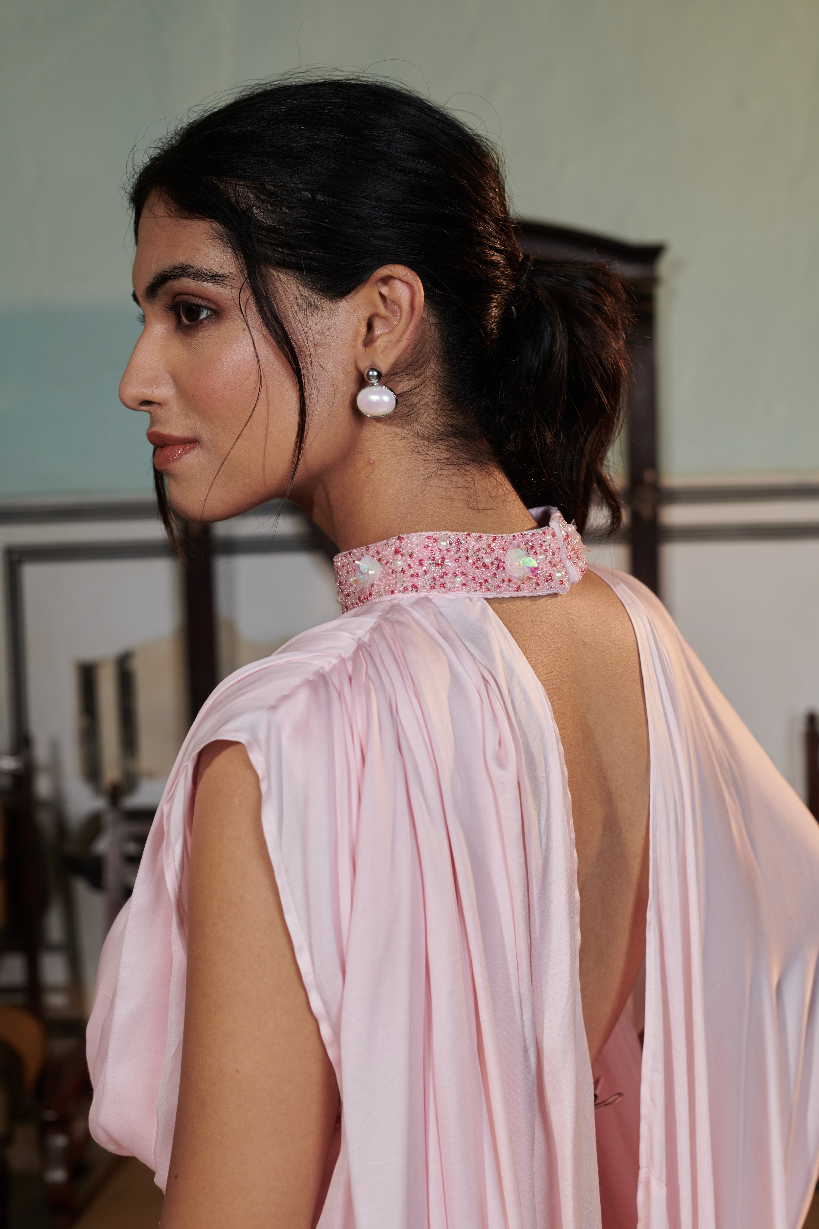 Amogha (अमोघ) - Pink Embroidered Drape Gown