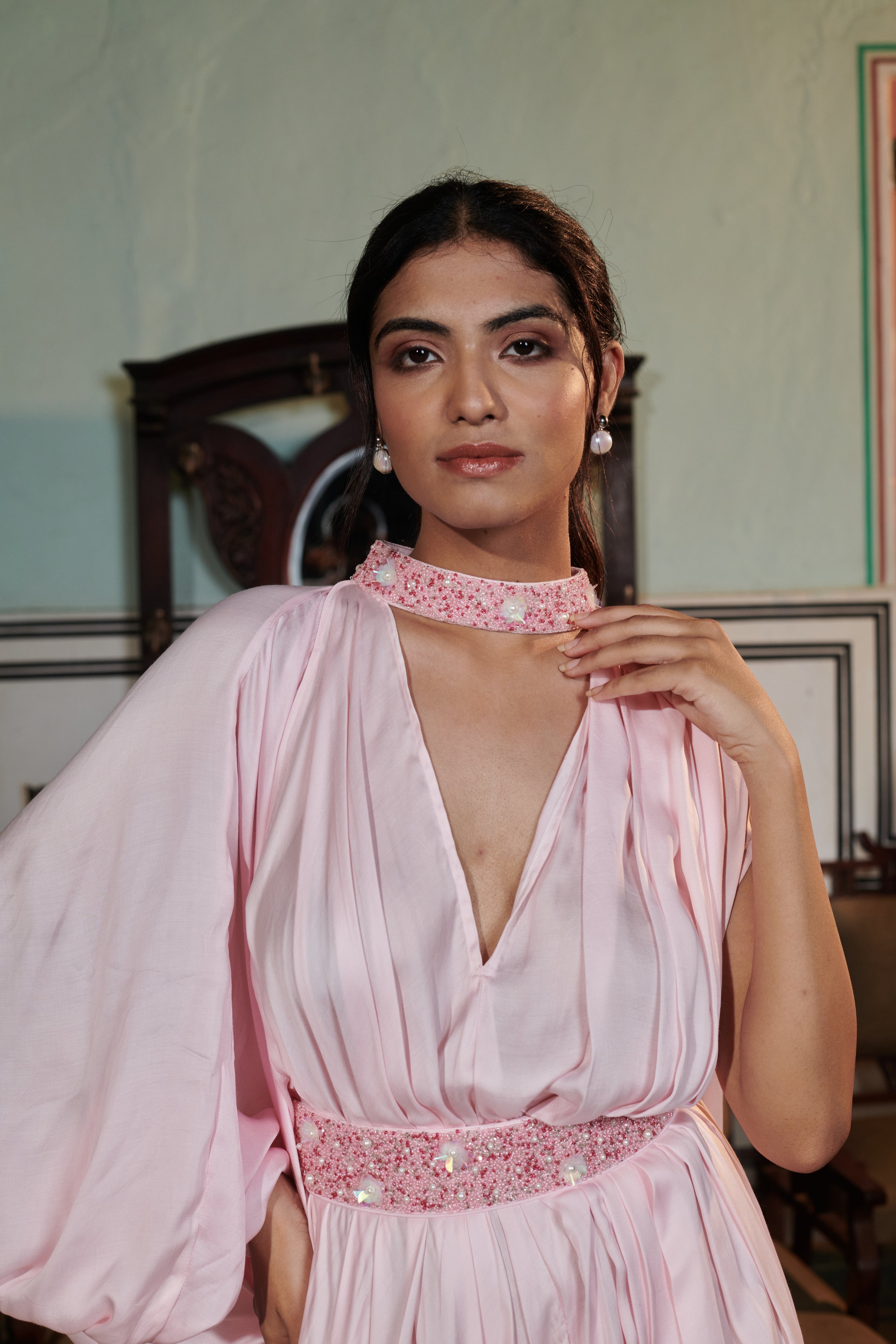 Amogha (अमोघ) - Pink Embroidered Drape Gown