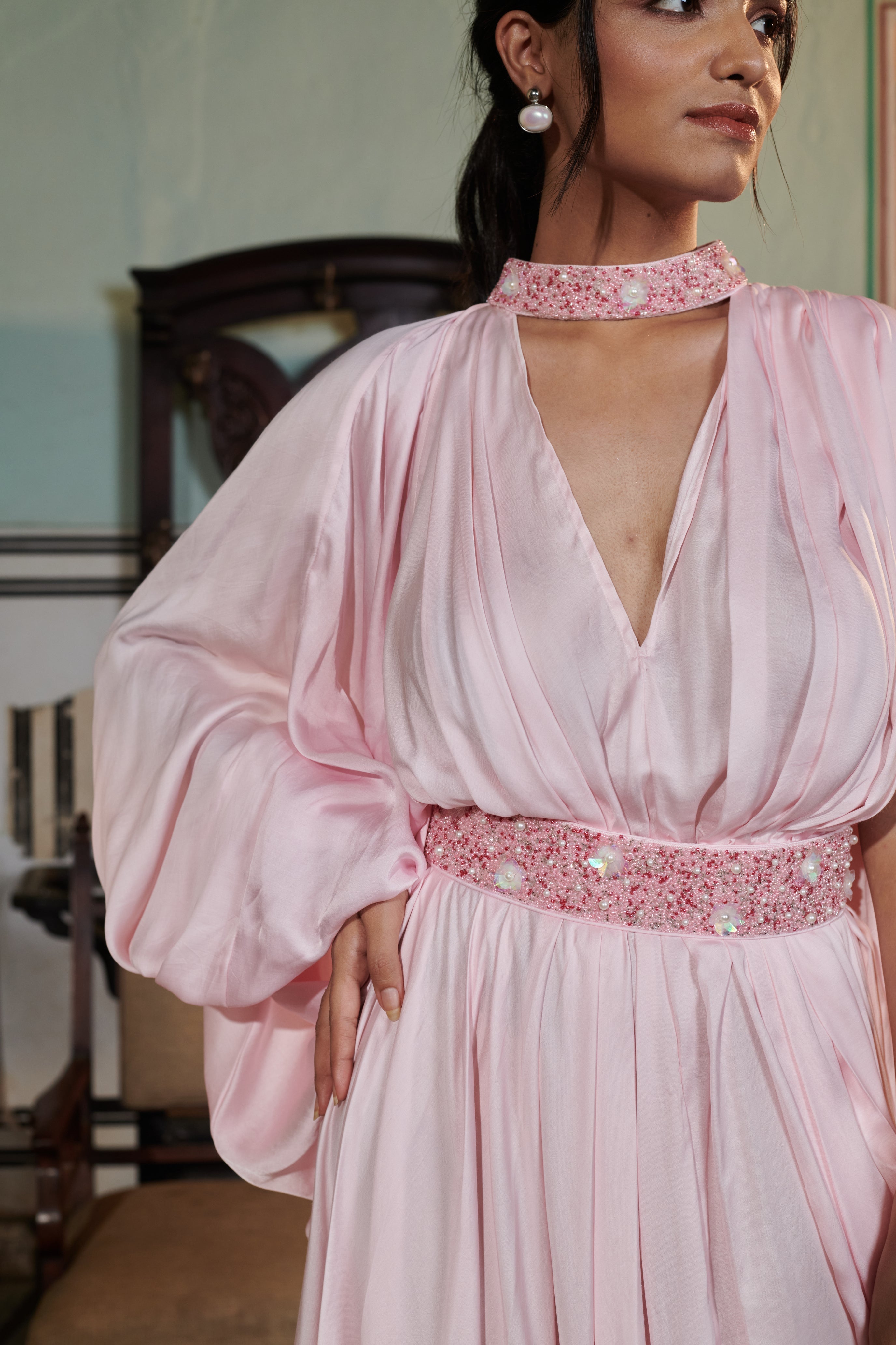 Amogha (अमोघ) - Pink Embroidered Drape Gown