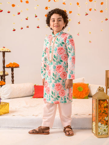 Boys Floral Printed Pure Cotton Kurta with Pyjamas