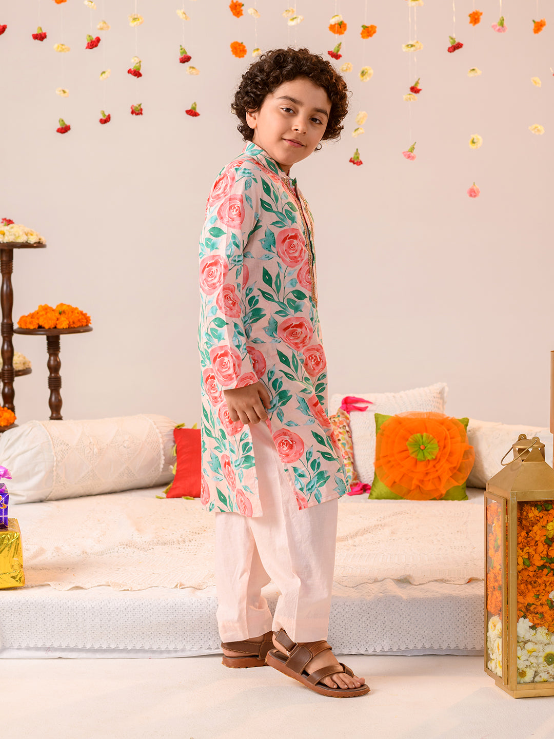 Boys Floral Printed Pure Cotton Kurta with Pyjamas