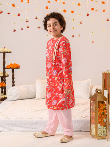 Boys Floral Printed Regular Pure Cotton Kurta With Pyjamas