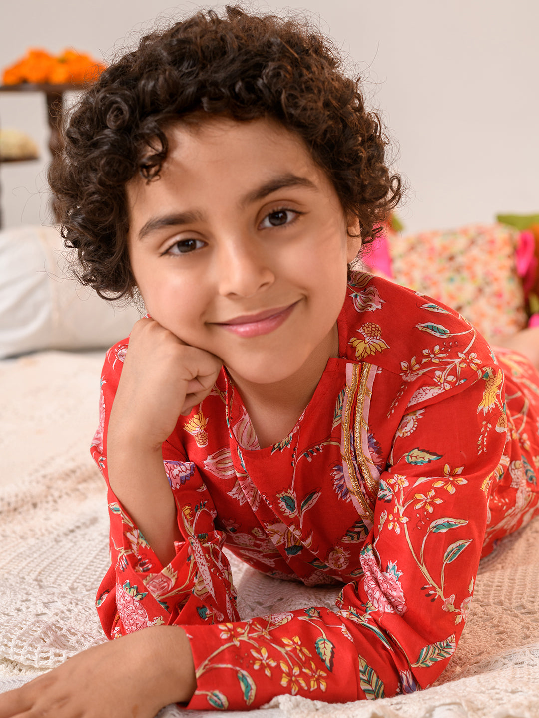Boys Floral Printed Regular Pure Cotton Kurta With Pyjamas