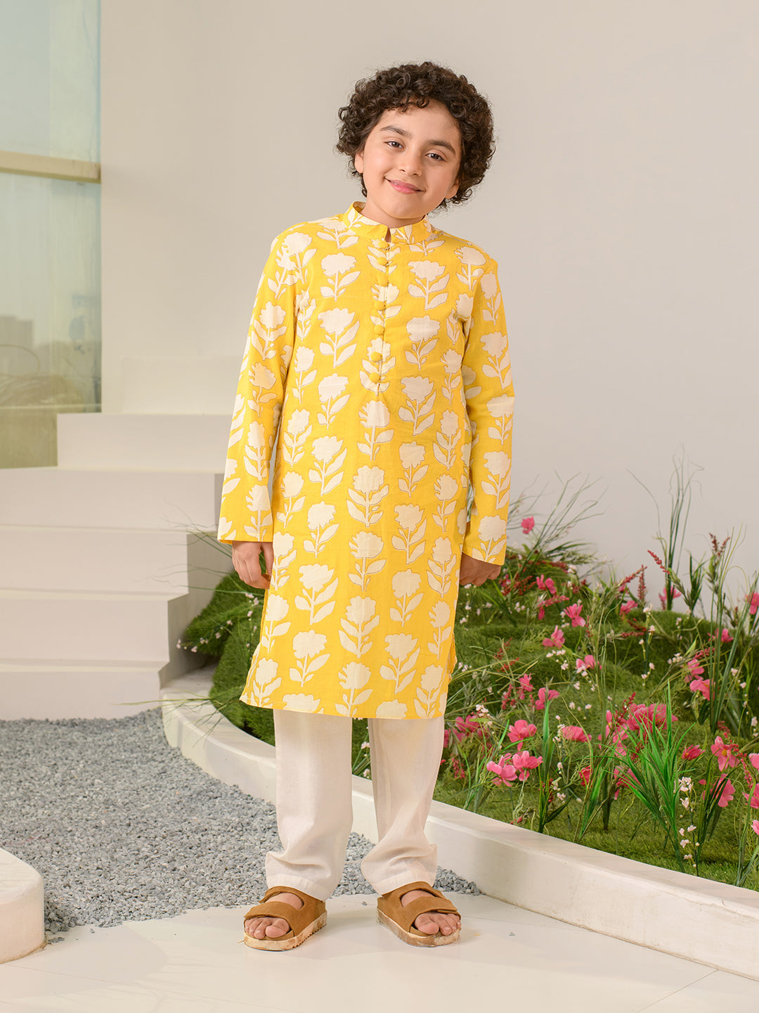 Boys Floral Printed Pure Cotton Kurta with Pyjamas