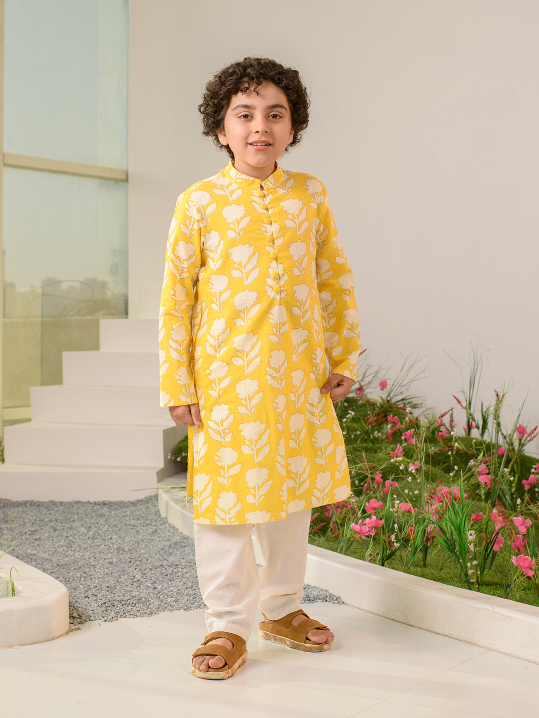 Boys Floral Printed Pure Cotton Kurta with Pyjamas