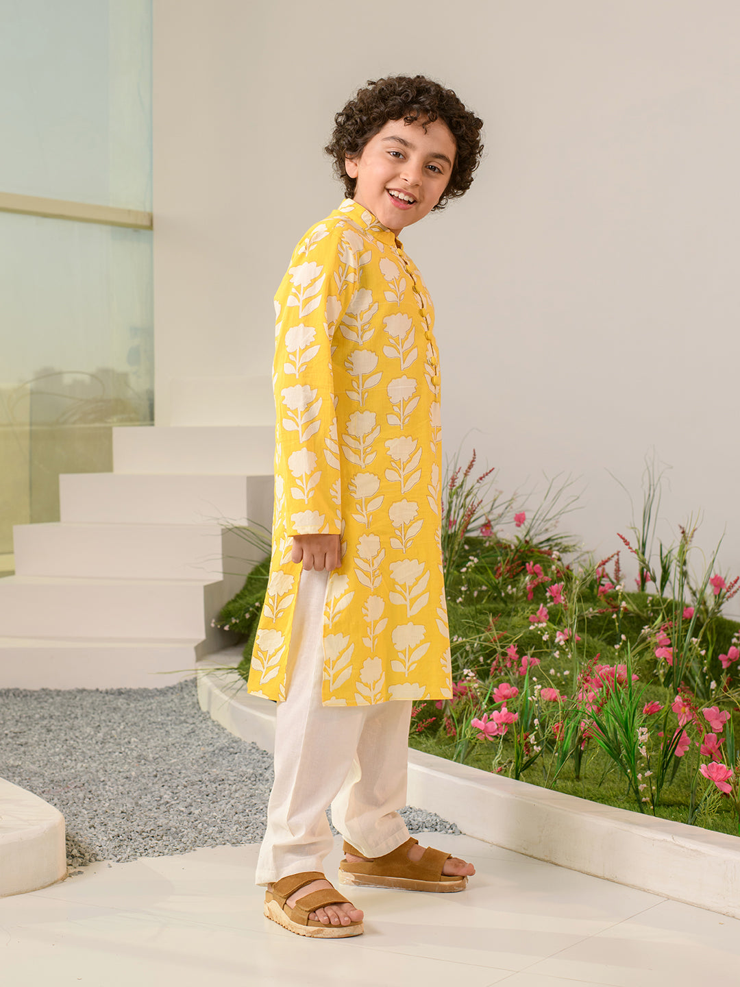 Boys Floral Printed Pure Cotton Kurta with Pyjamas