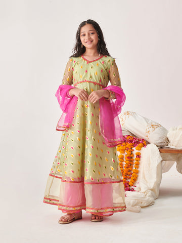 Girls Floral Printed Regular Thread Work Kurta With Palazzos With Dupatta