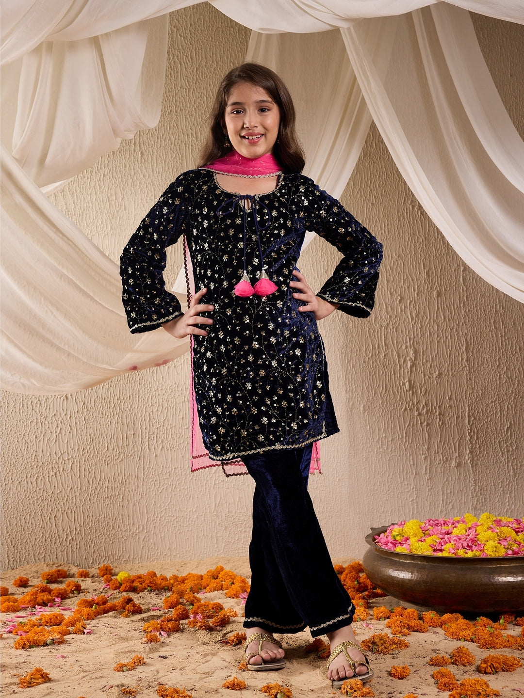 Pspeaches Girls Floral Embroidered Sequinned Velvet Kurta With Trouser & Dupatta