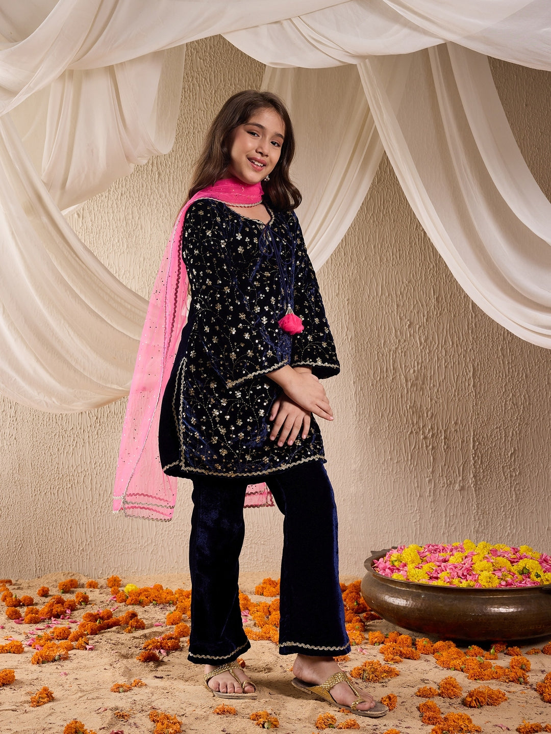 Pspeaches Girls Floral Embroidered Sequinned Velvet Kurta With Trouser & Dupatta
