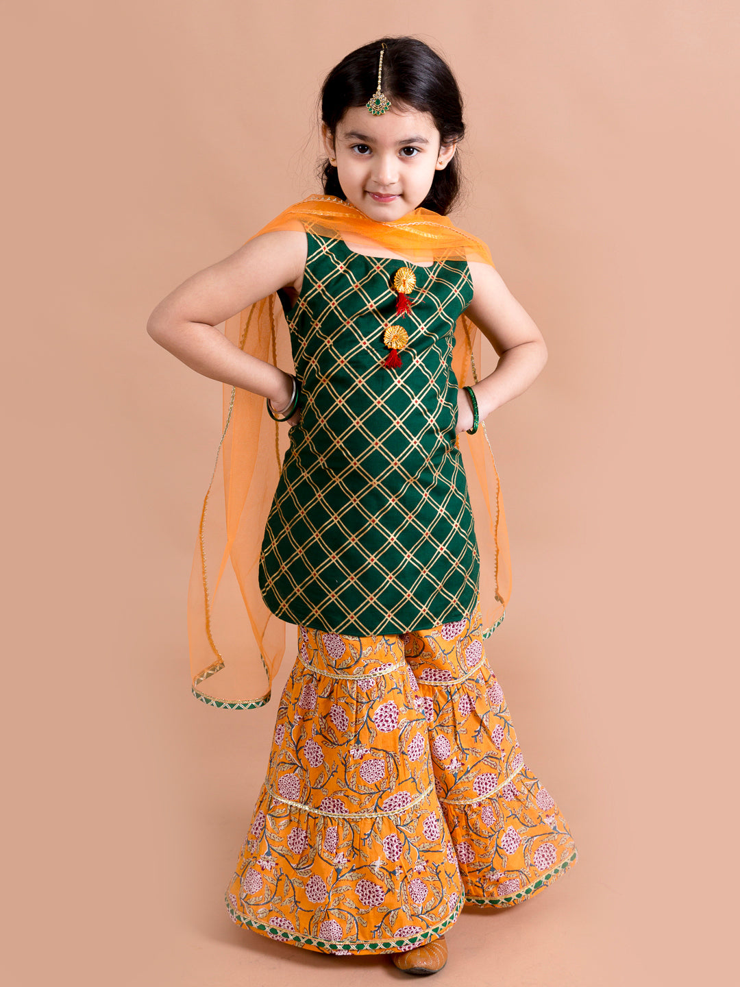 Pspeaches Girls Green Embroidered Pure Cotton Kurta with Sharara & With Dupatta