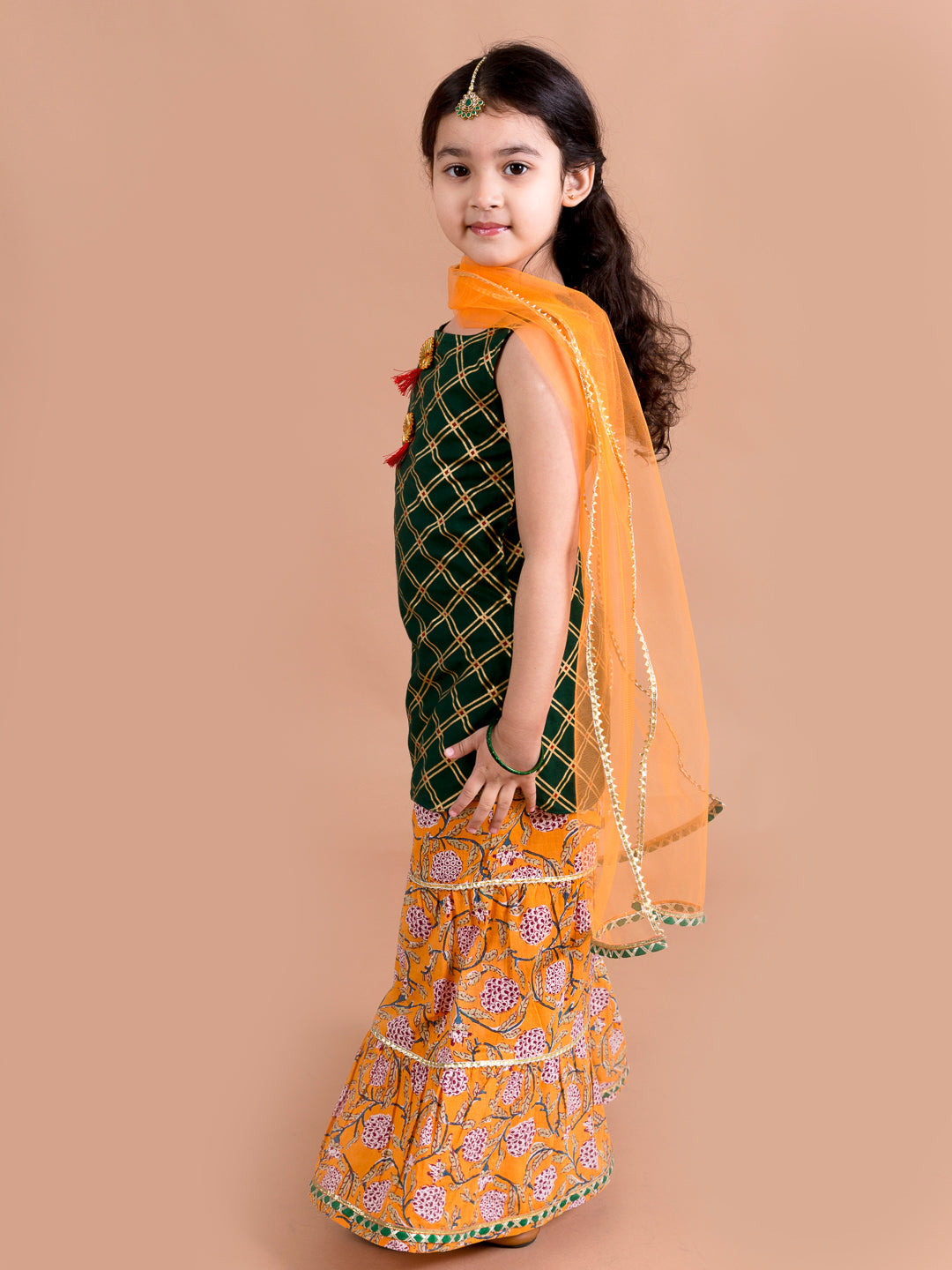Pspeaches Girls Green Embroidered Pure Cotton Kurta with Sharara & With Dupatta