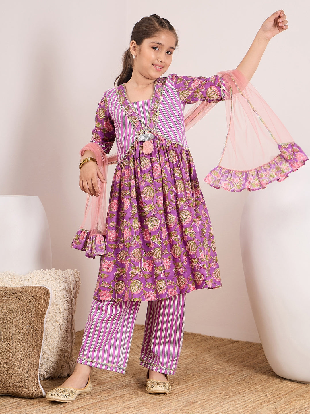 Girls Floral Printed A-Line Pure Cotton Kurta with Trousers & Dupatta