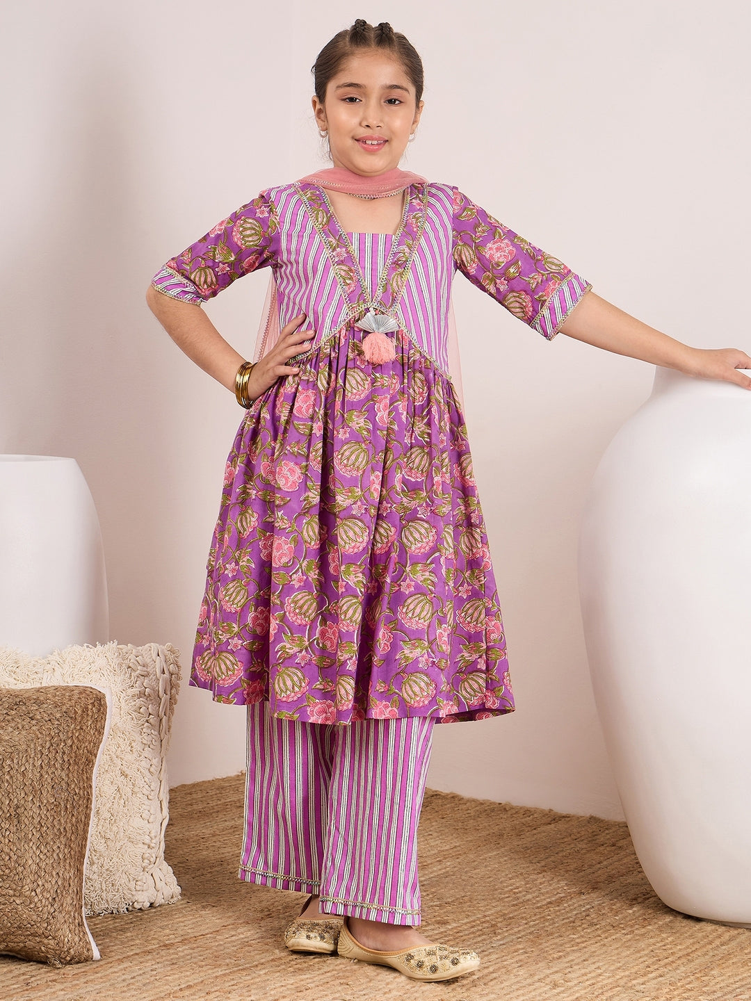 Girls Floral Printed A-Line Pure Cotton Kurta with Trousers & Dupatta